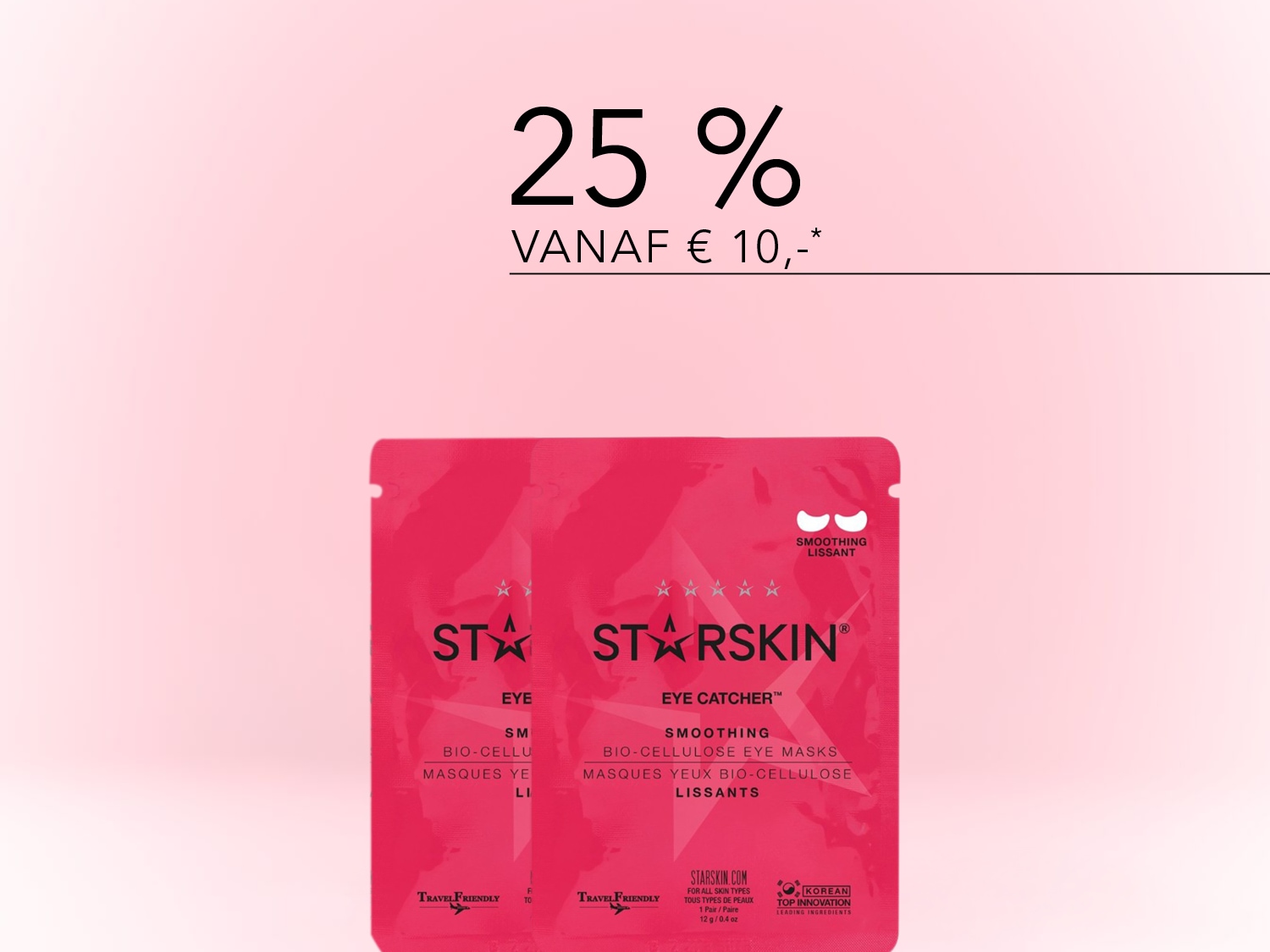 Profiteer van 25% korting vanaf € 10,- op STARSKIN Eye Catcher Smoothing Bio-Cellulose Eye Masks, verpakt in een roze verpakking, ideaal voor op reis.