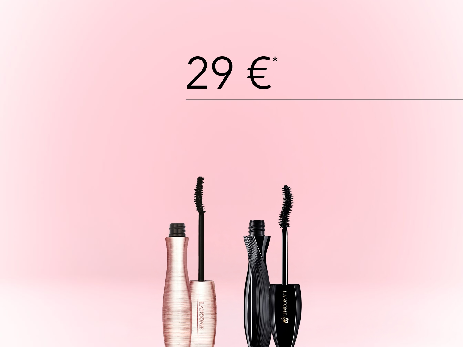 Deux mascaras Lancôme sont présentés sur un fond rose doux, mis en valeur par une offre spéciale à 29 €.