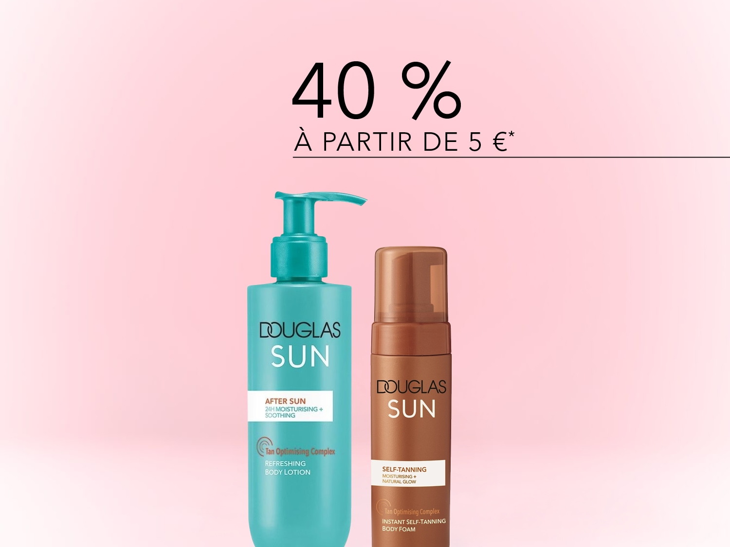 Profitez de 40% de réduction à partir de 5€ sur les produits solaires Douglas Sun, comprenant une lotion après-soleil turquoise et une mousse autobronzante marron.
