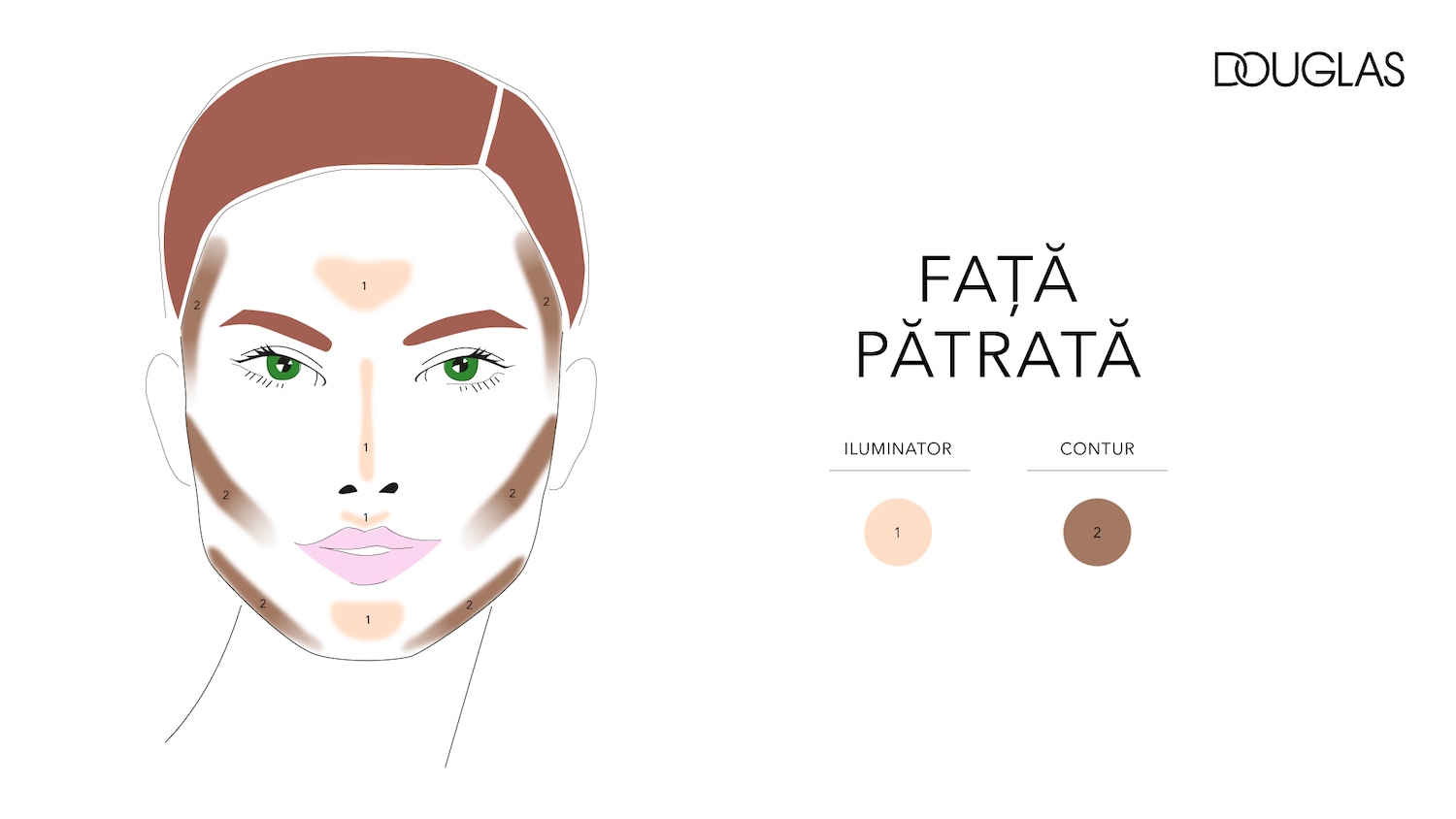 Ilustrație cu o față feminină stilizată, arătând zonele de aplicare a iluminatorului, cu nuanța piersicii, și a conturului, cu nuanța maro, pentru o față pătrată, alături de logo-ul Douglas.