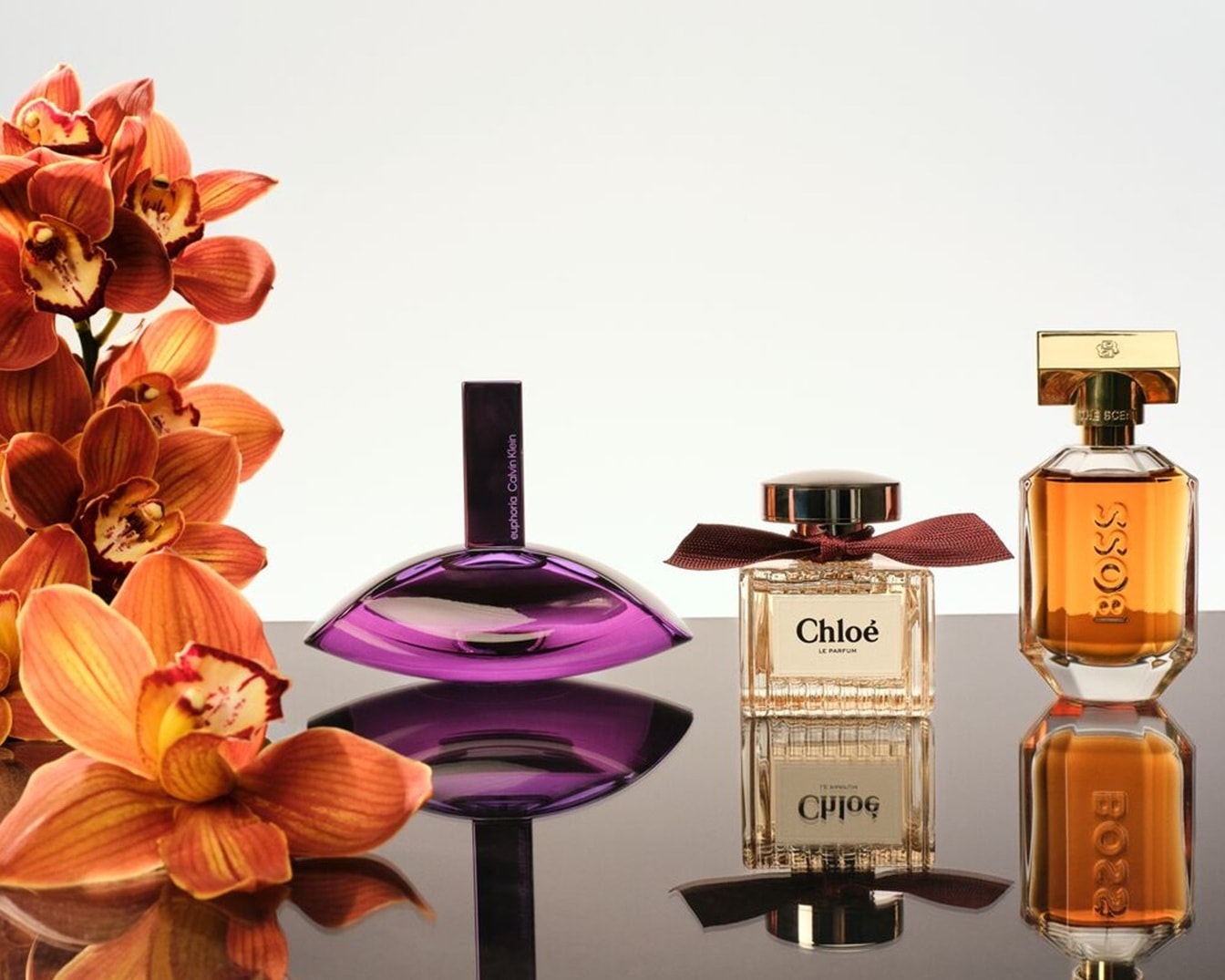 Découvrez un trio de parfums exquis : Euphoria de Calvin Klein dans son flacon violet distinctif, Chloé orné d'un ruban délicat, et Boss, un parfum ambré captivant.