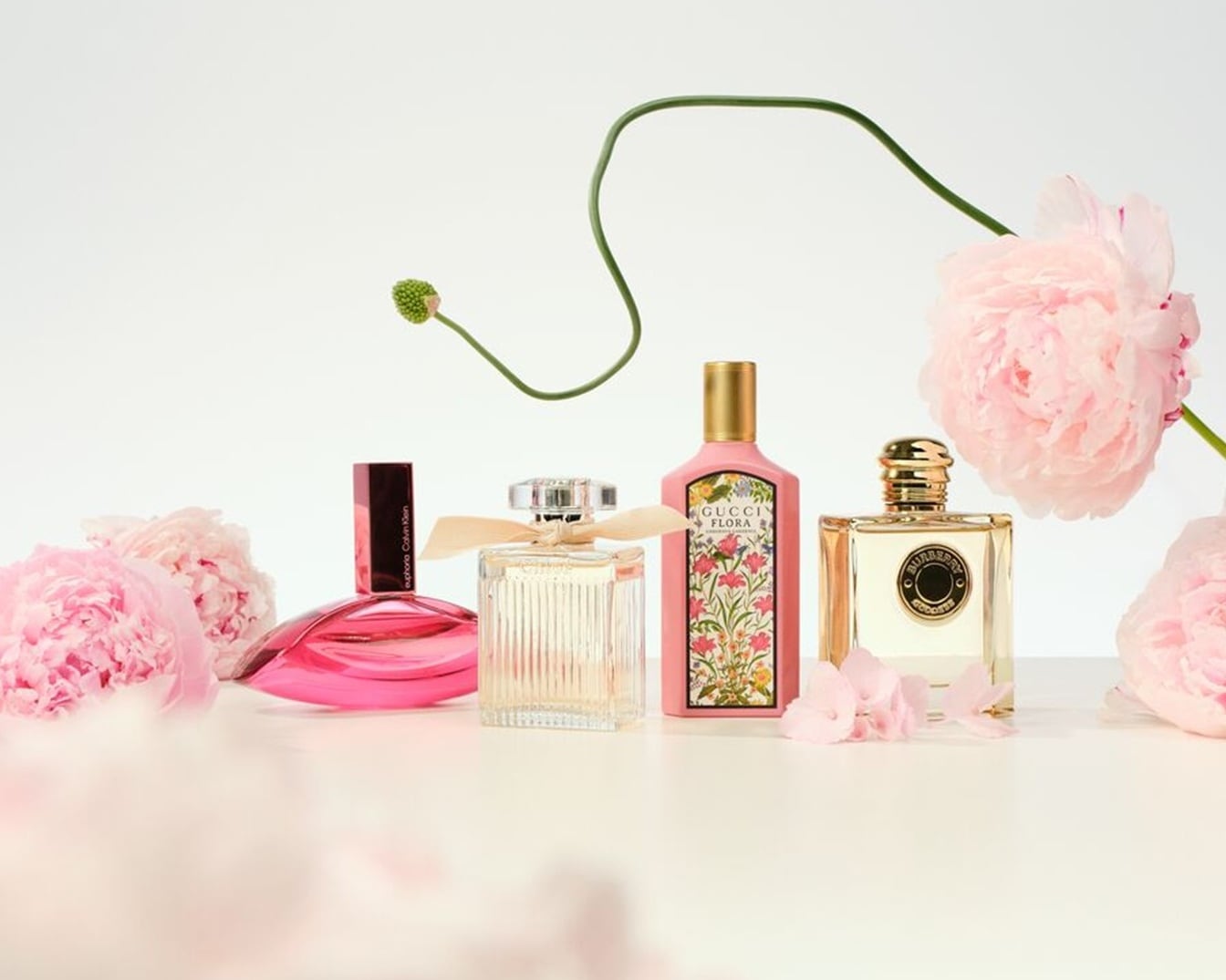 Découvrez une collection de parfums floraux, présentés dans des flacons aux designs variés, entourés de délicates pivoines roses.