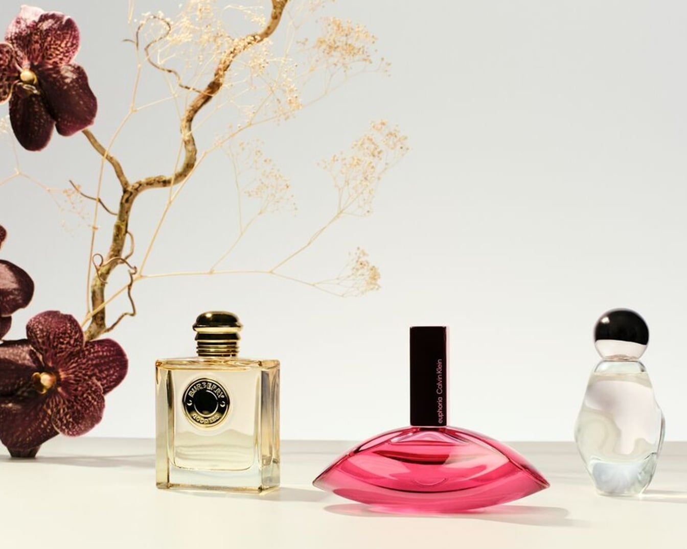 Découvrez un trio de parfums exquis : Burberry dans un flacon carré classique, Euphoria Calvin Klein dans un rose éclatant et un parfum mystère dans un flacon sphérique élégant, le tout agrémenté de fleurs bordeaux.
