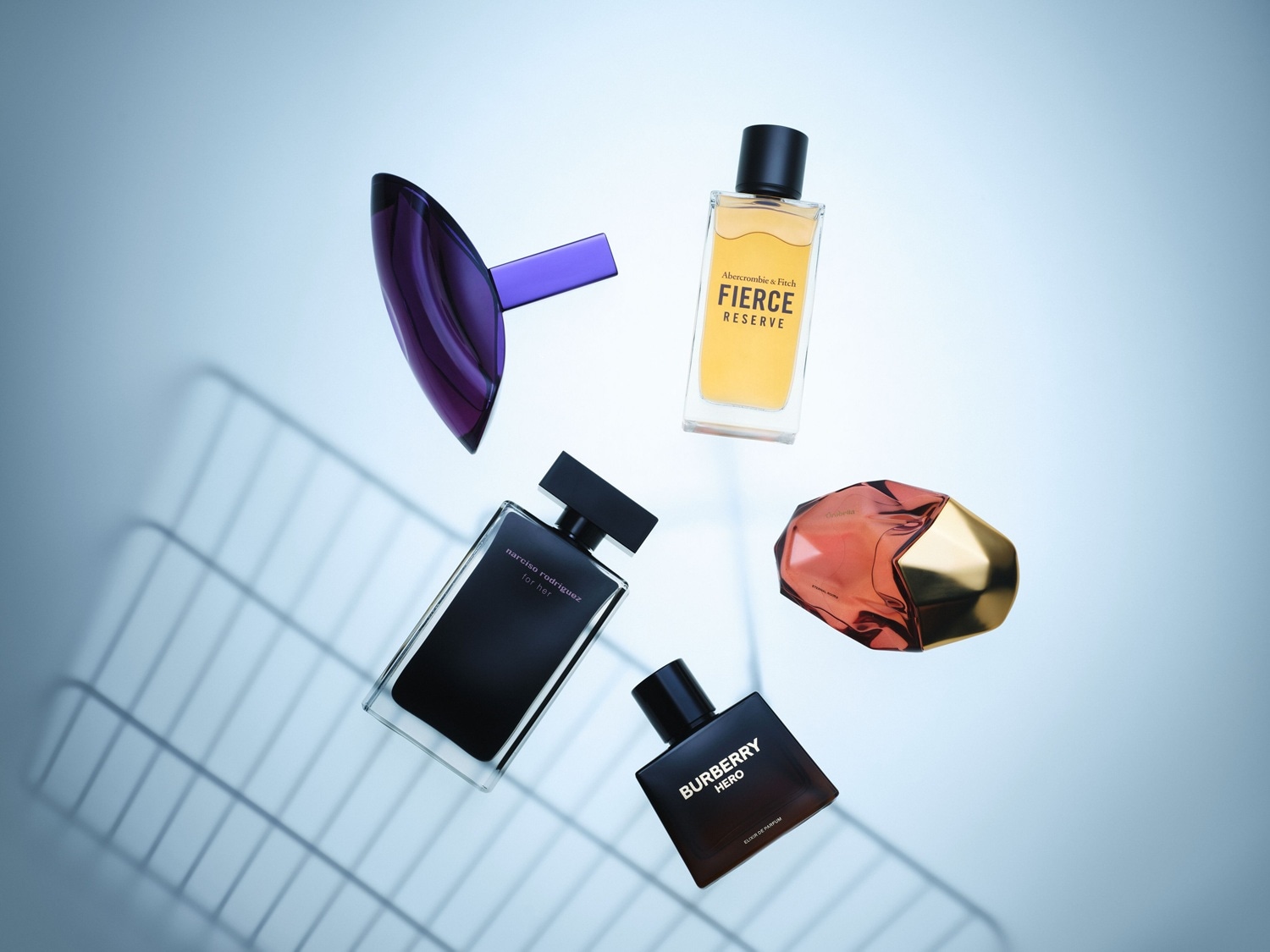 Verschiedene Parfümflaschen von Narciso Rodriguez, Abercrombie & Fitch, Burberry und Carolina Herrera liegen auf einem hellblauen Hintergrund.