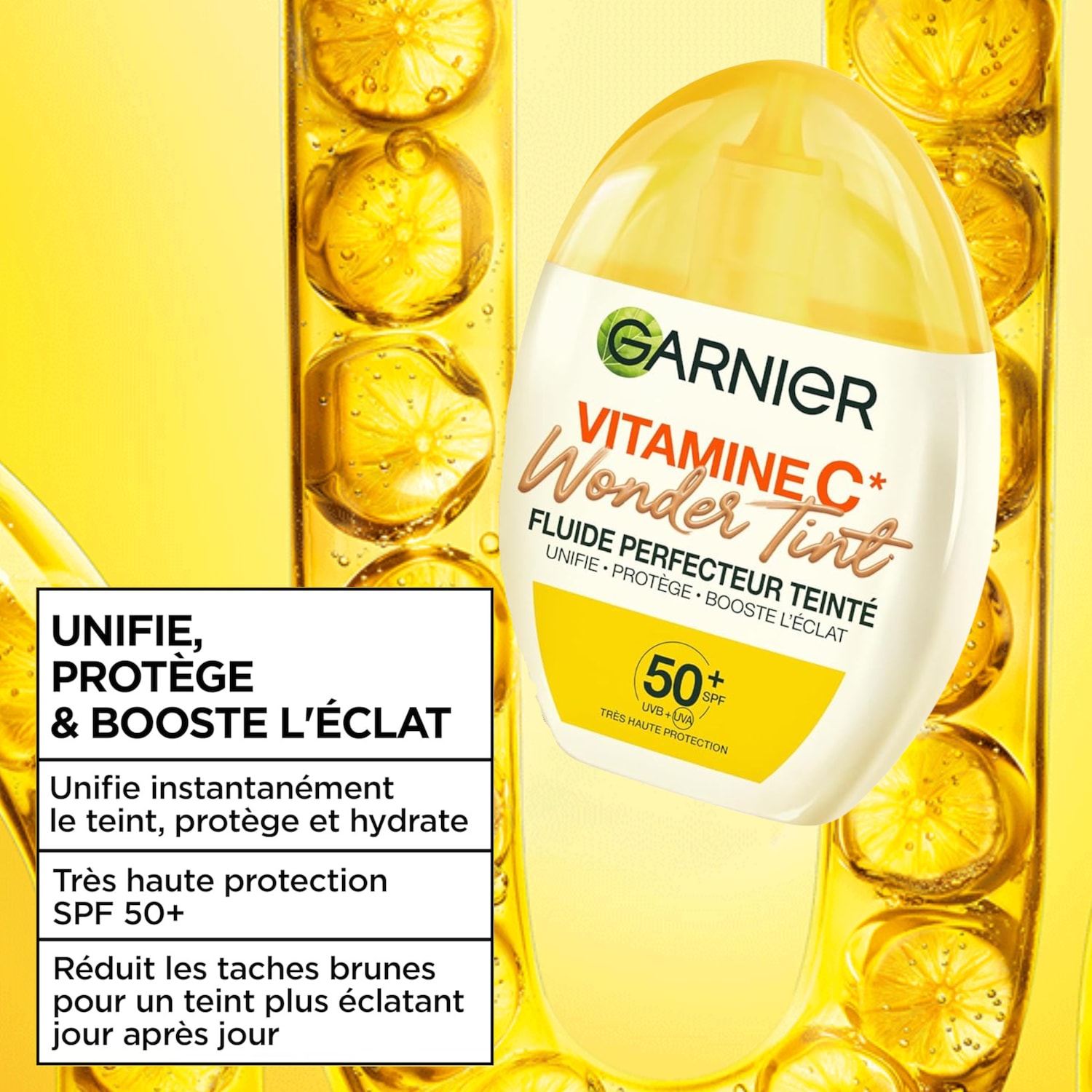 Découvrez le Wonder Tint Vitamine C de Garnier, un fluide perfecteur teinté qui unifie, protège et booste l'éclat de votre peau avec une très haute protection SPF 50+.