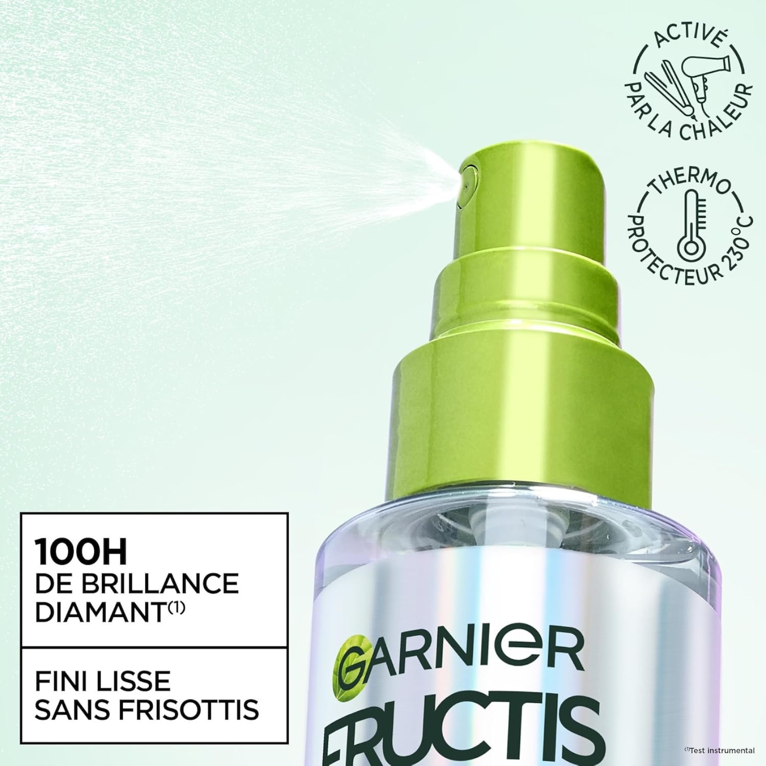 Voici le vaporisateur Garnier Fructis, qui promet 100 heures de brillance diamant et une finition lisse sans frisottis, tout en protégeant vos cheveux de la chaleur jusqu'à 230°C.
