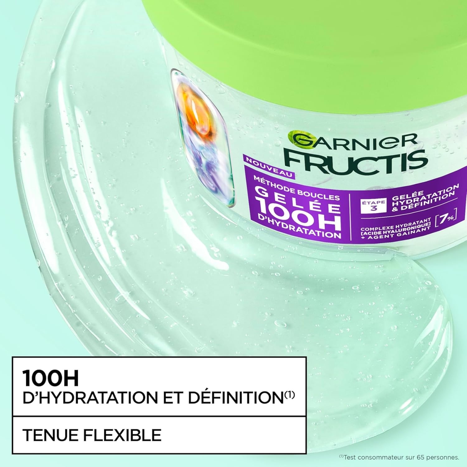 Découvrez la nouvelle Gelée 100H d'Hydratation Garnier Fructis, étape 3 pour des boucles hydratées et définies, enrichie d'un complexe hydratant à l'acide hyaluronique et agent gainant.
