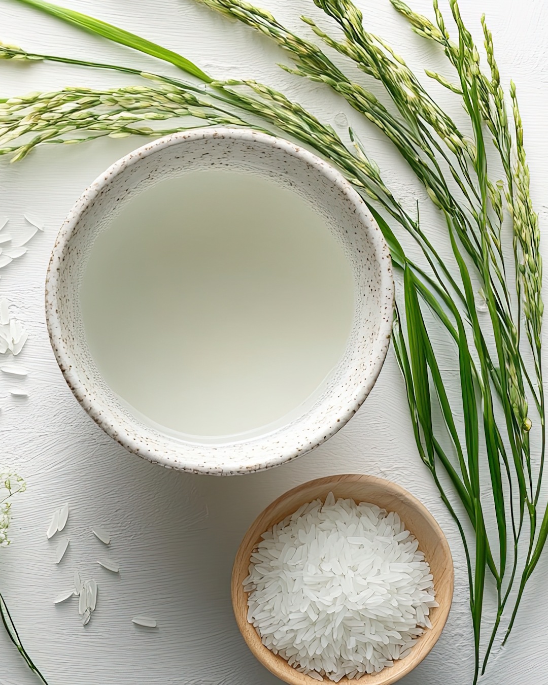 Vue de dessus d'un bol en céramique rempli d'eau de riz laiteuse, à côté d'un bol en bois contenant du riz blanc cru et des brins de riz verts, le tout sur une surface blanche.