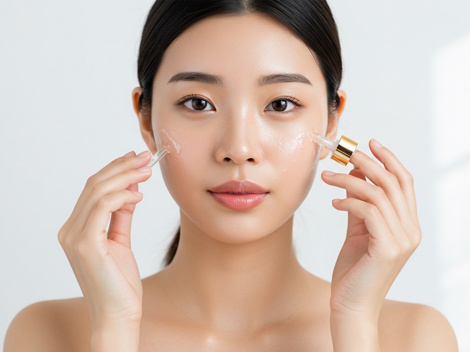 Une femme asiatique applique un sérum transparent sur son visage avec un compte-gouttes doré, pour une peau éclatante et hydratée.
