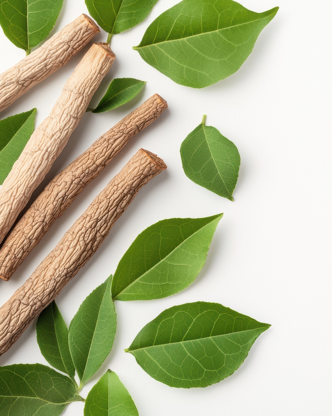 Gros plan sur des bâtons beiges texturés et des feuilles vertes vives disposés sur un fond blanc, évoquant la fraîcheur naturelle et la simplicité.