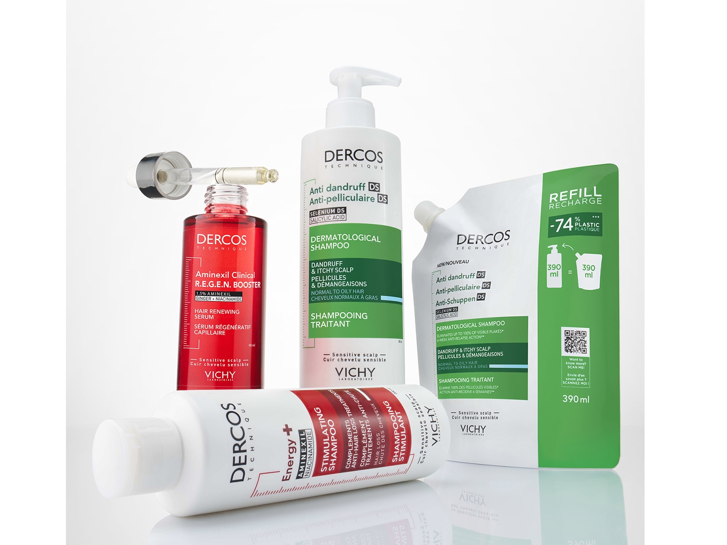 Découvrez la gamme Dercos Technique de Vichy, comprenant le sérum régénérant capillaire Aminexil Clinical R.E.G.E.N. Booster, les shampooings antipelliculaires et énergisants, ainsi que les recharges écologiques.