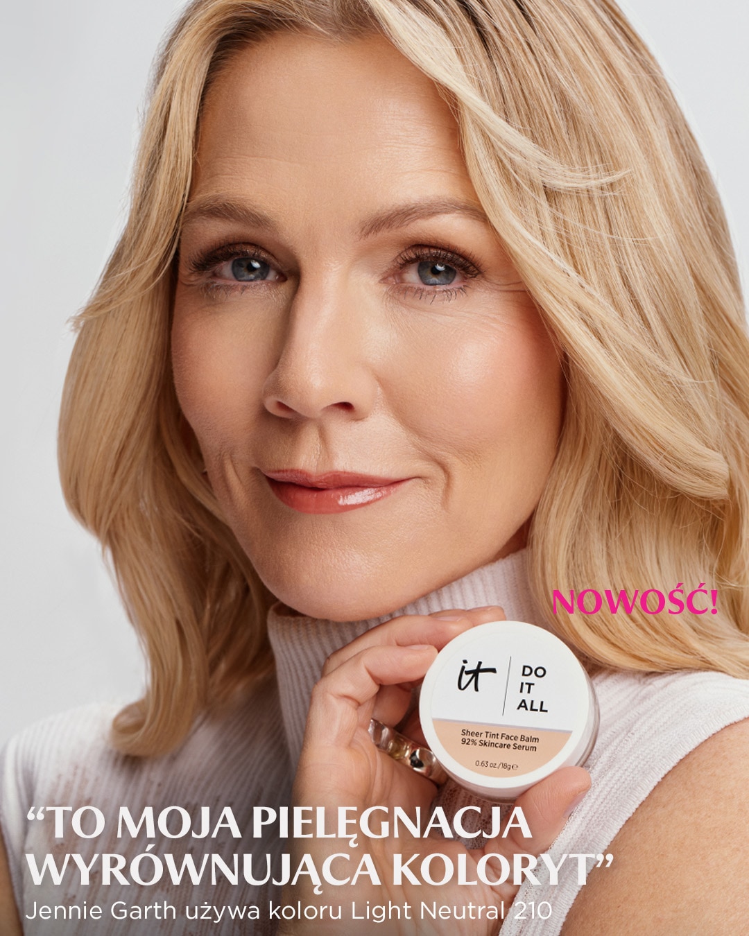 Aktorka Jennie Garth poleca krem koloryzujący It Cosmetics Sheer Tint Face Balm w odcieniu Light Neutral 210, który wyrównuje koloryt skóry i zapewnia efekt naturalnego makijażu.