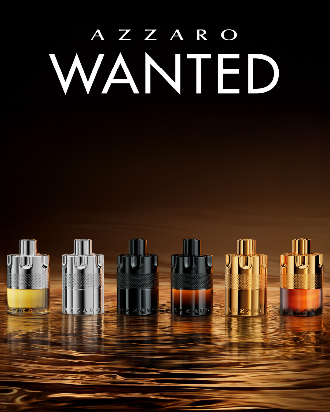 Na ciemnym tle widać flakony Azzaro Wanted w różnych kolorach: srebrnym, czarnym i złotym, ustawione na błyszczącej powierzchni.
