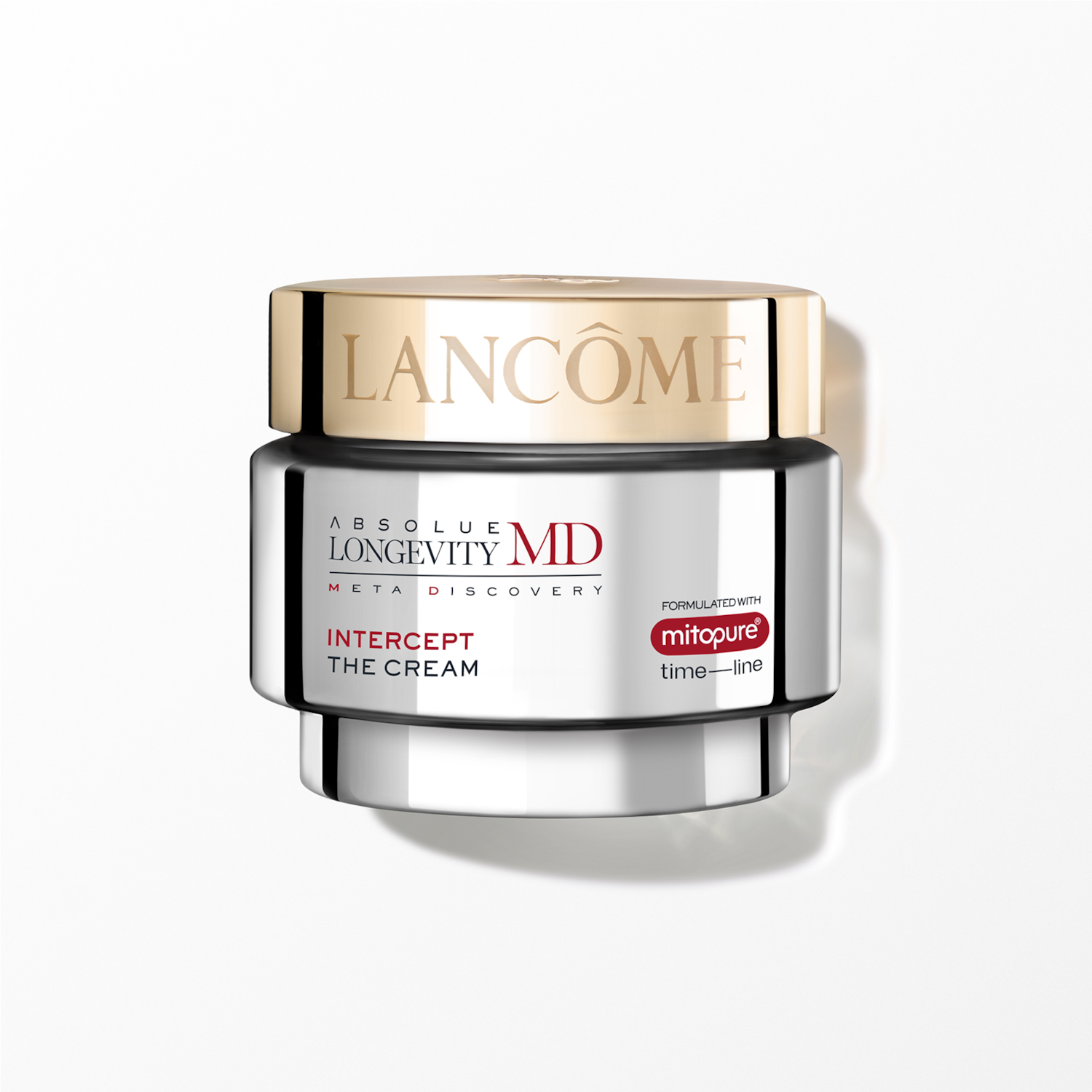 Lancôme Absolue Longevity MD Intercept The Cream w srebrnym słoiczku i złotą nakrętką, opracowany z mitopure time-line, to luksusowy krem do pielęgnacji skóry.