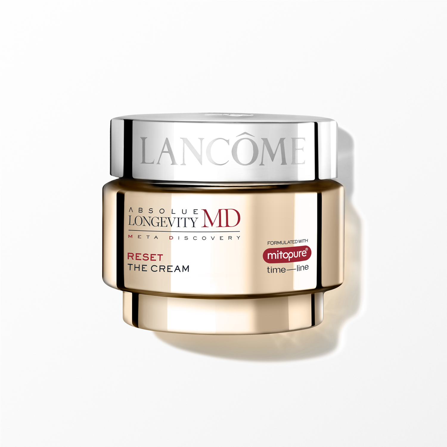 Słoik złotego kremu Lancôme Absolue Longevity MD Meta Discovery Reset The Cream, opracowany z mitopure time-line, na białym tle.