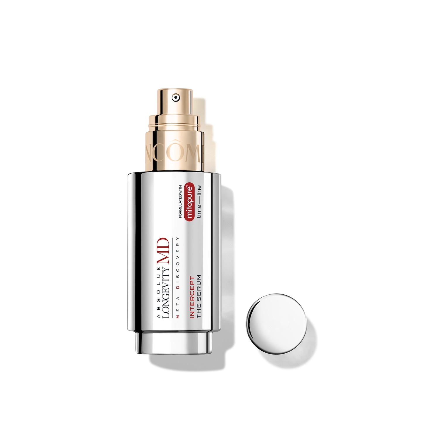 Srebrna butelka serum Absolute Longevity MD Meta Discovery Intercept z pompką w kolorze złotym, zawierająca formułę Mitopure time-line.