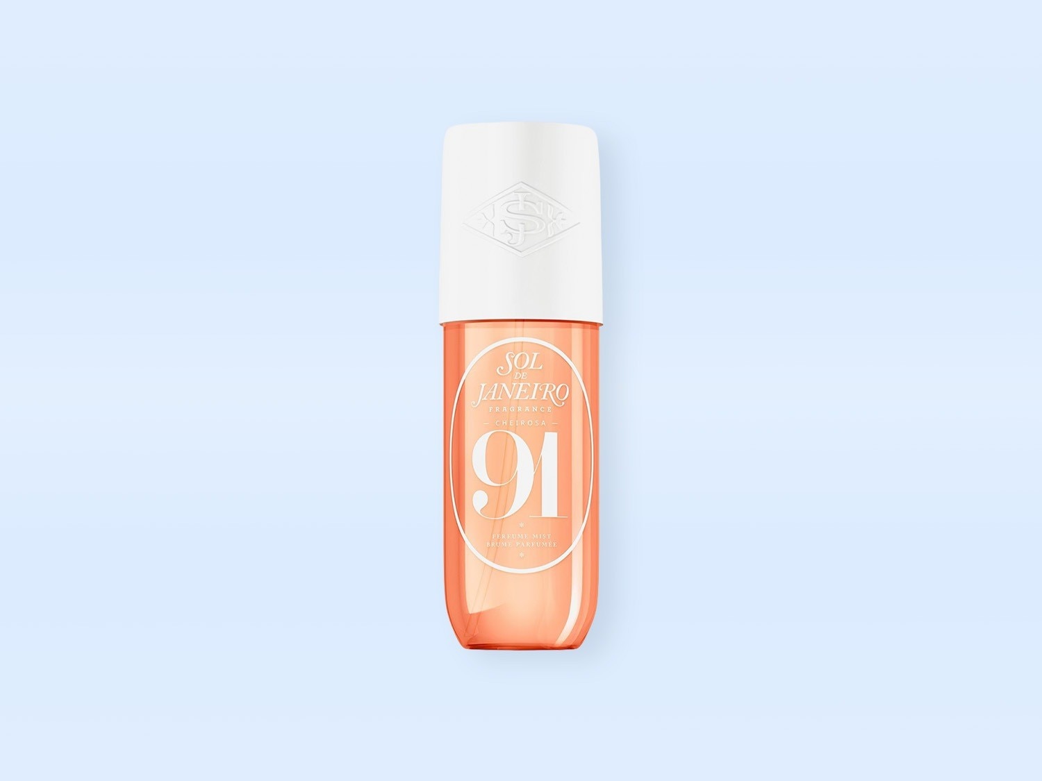 Voici le parfum Sol de Janeiro '91 : un parfum de brume fine dans un flacon orange avec un bouchon blanc.