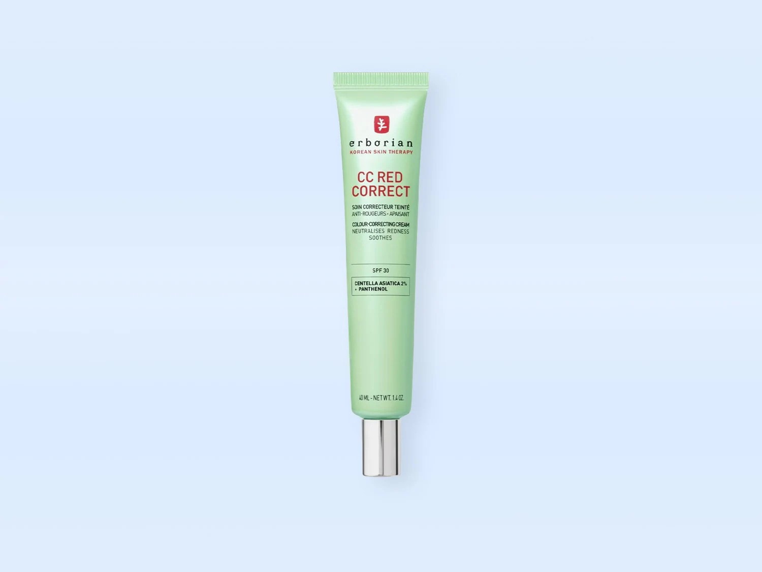 Voici le tube vert de Erborian CC Red Correct, un soin correcteur teinté anti-rougeurs apaisant avec un FPS 30, contenant de la Centella Asiatica 2% et du Panthénol.