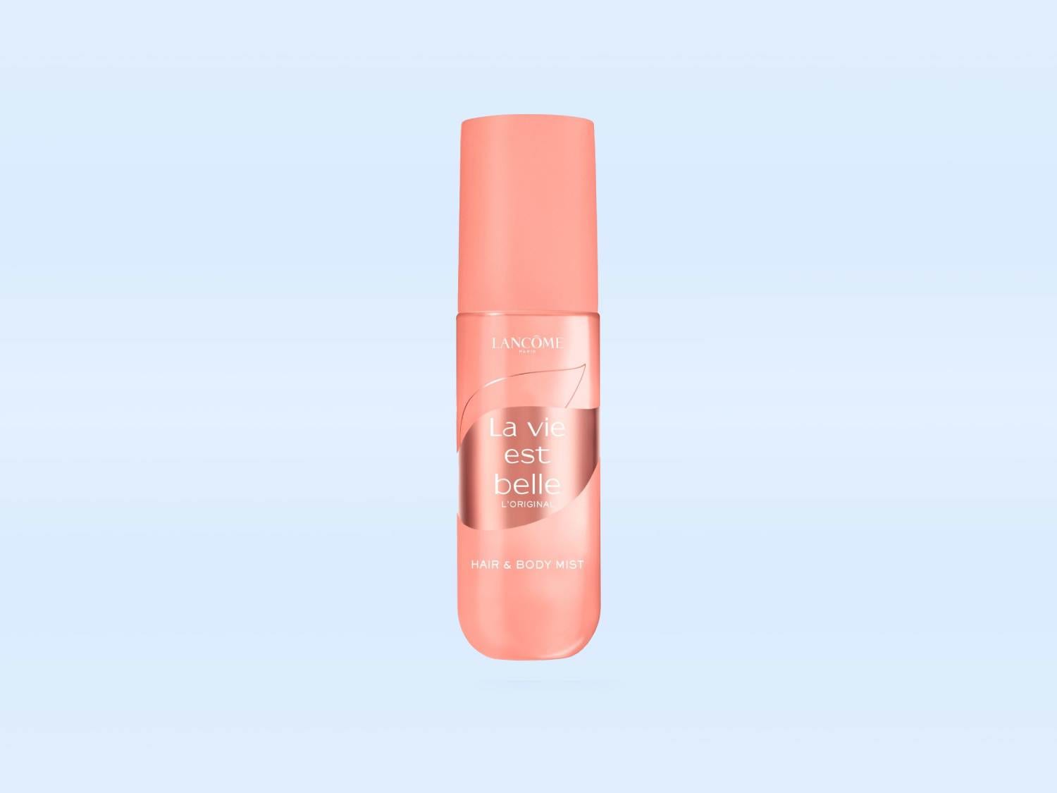 Różowa butelka mgiełki do włosów i ciała Lancôme La Vie Est Belle L'Original, idealna do odświeżenia i nadania subtelnego zapachu.