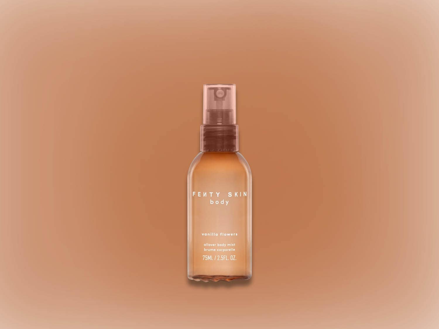 Voici le vaporisateur corporel Fenty Skin Vanilla Flowers, un brume corporelle allover de 75 ml dans un flacon transparent avec une étiquette minimaliste.