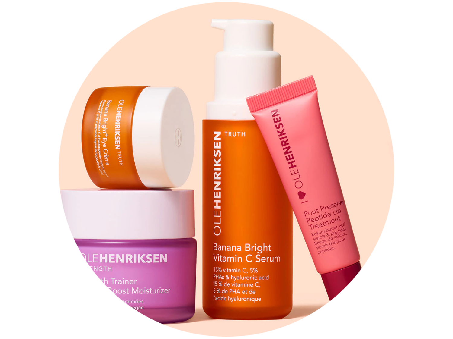 Kolekcja produktów do pielęgnacji skóry Olehenriksen Truth: krem pod oczy Banana Bright+, serum z witaminą C, krem nawilżający Strength i balsam do ust Pout Preserve Peptide Lip Treatment.