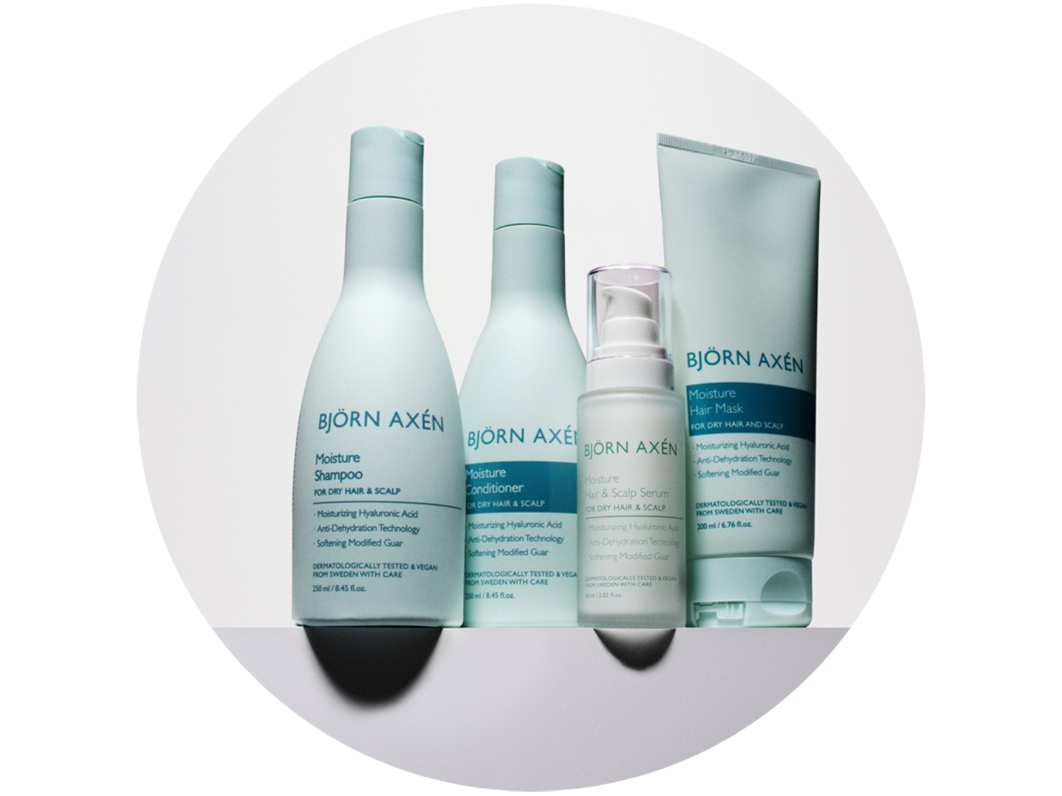 Cztery produkty Björn Axén w jasnoniebieskich opakowaniach: szampon nawilżający, odżywka, serum do włosów i skóry głowy oraz maska do włosów, wszystkie przeznaczone do włosów suchych i skóry głowy.