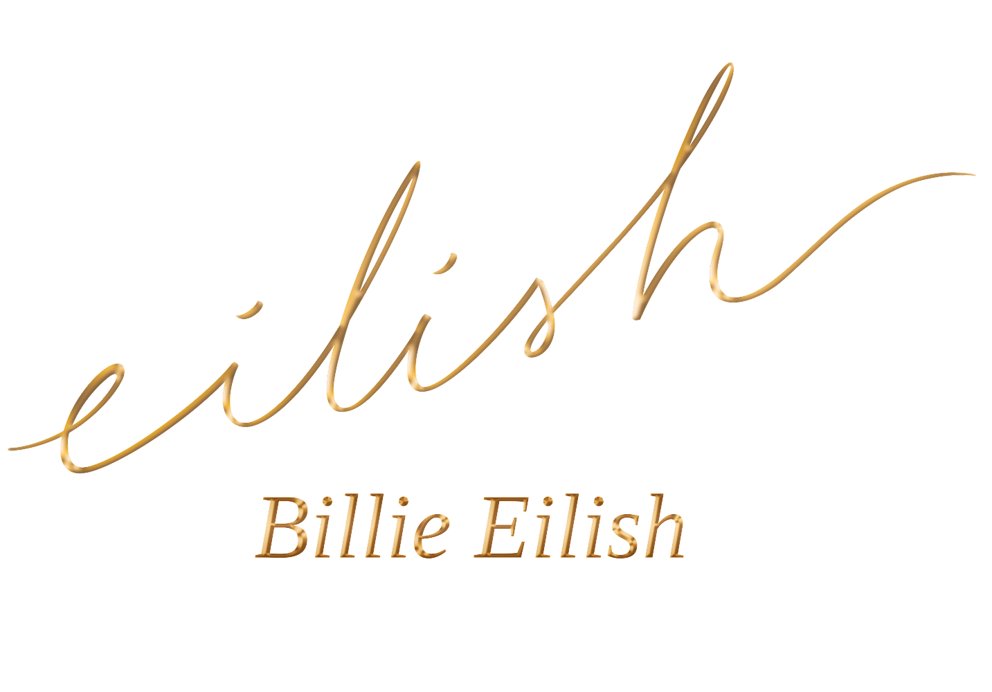 Against a stark black backdrop, the name 'eilish' is elegantly scripted in a flowing, golden font, with 'Billie Eilish' displayed beneath in a classic serif typeface, also in gold.