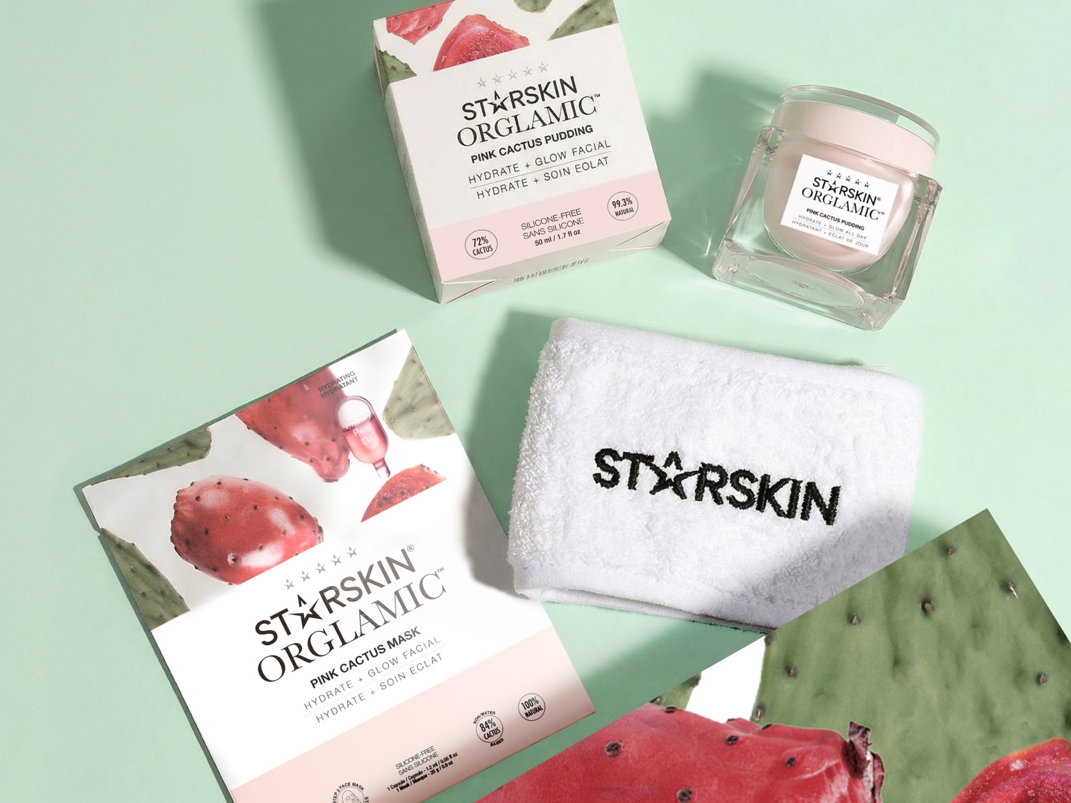 De STARSKIN ORGLAMIC™ collectie, inclusief het Pink Cactus Masker, Pink Cactus Pudding en een zachte witte handdoek, allemaal ontworpen om de huid te hydrateren en te laten stralen.