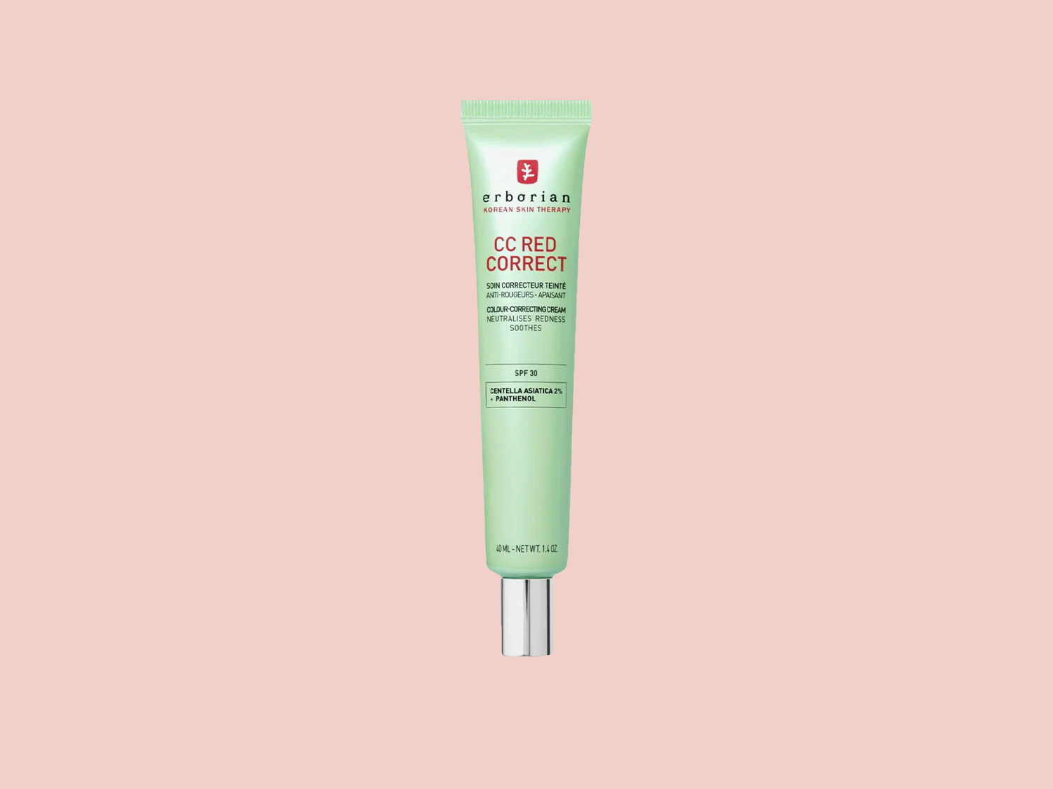 Voici le tube vert d'Erborian CC Red Correct, un soin correcteur de teint anti-rougeurs apaisant avec un FPS 30, enrichi en Centella Asiatica 2% et Panthénol.