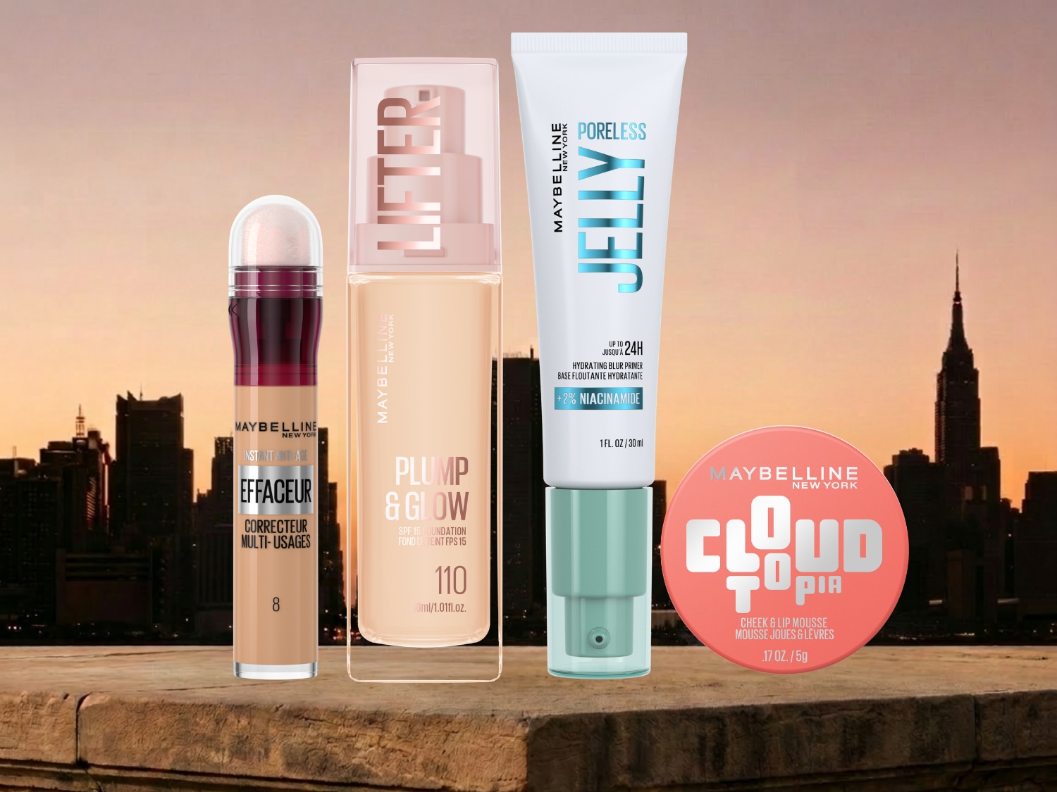 Découvrez une gamme de produits Maybelline New York, comprenant l'Effaceur Anti-Âge, le fond de teint Plump & Glow, le primer Poreless Jelly et le blush Cloud Topia.