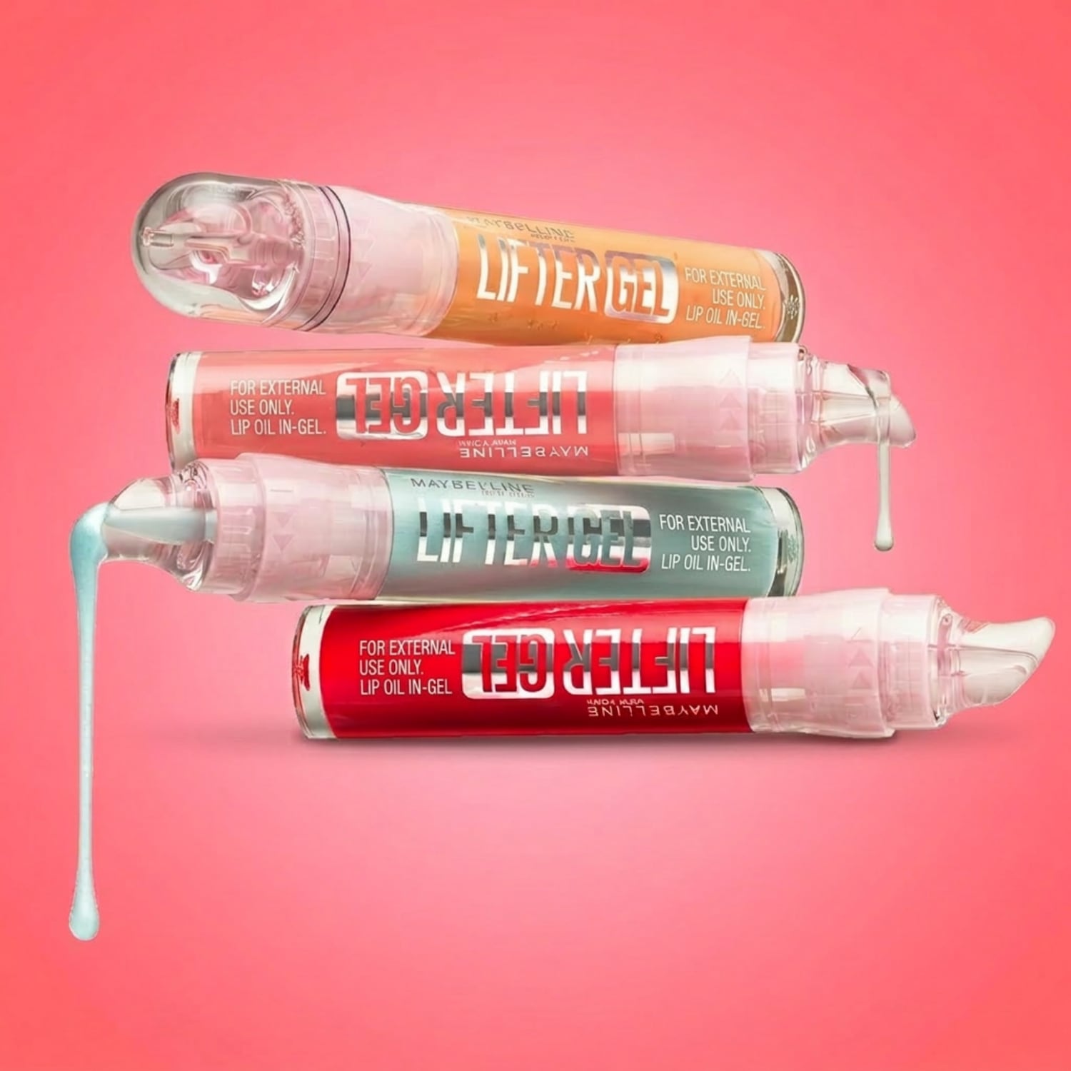 Découvrez le Lifter Gel de Maybelline, une huile à lèvres en gel disponible en orange, rouge, vert et rose, conçue pour un usage externe uniquement.