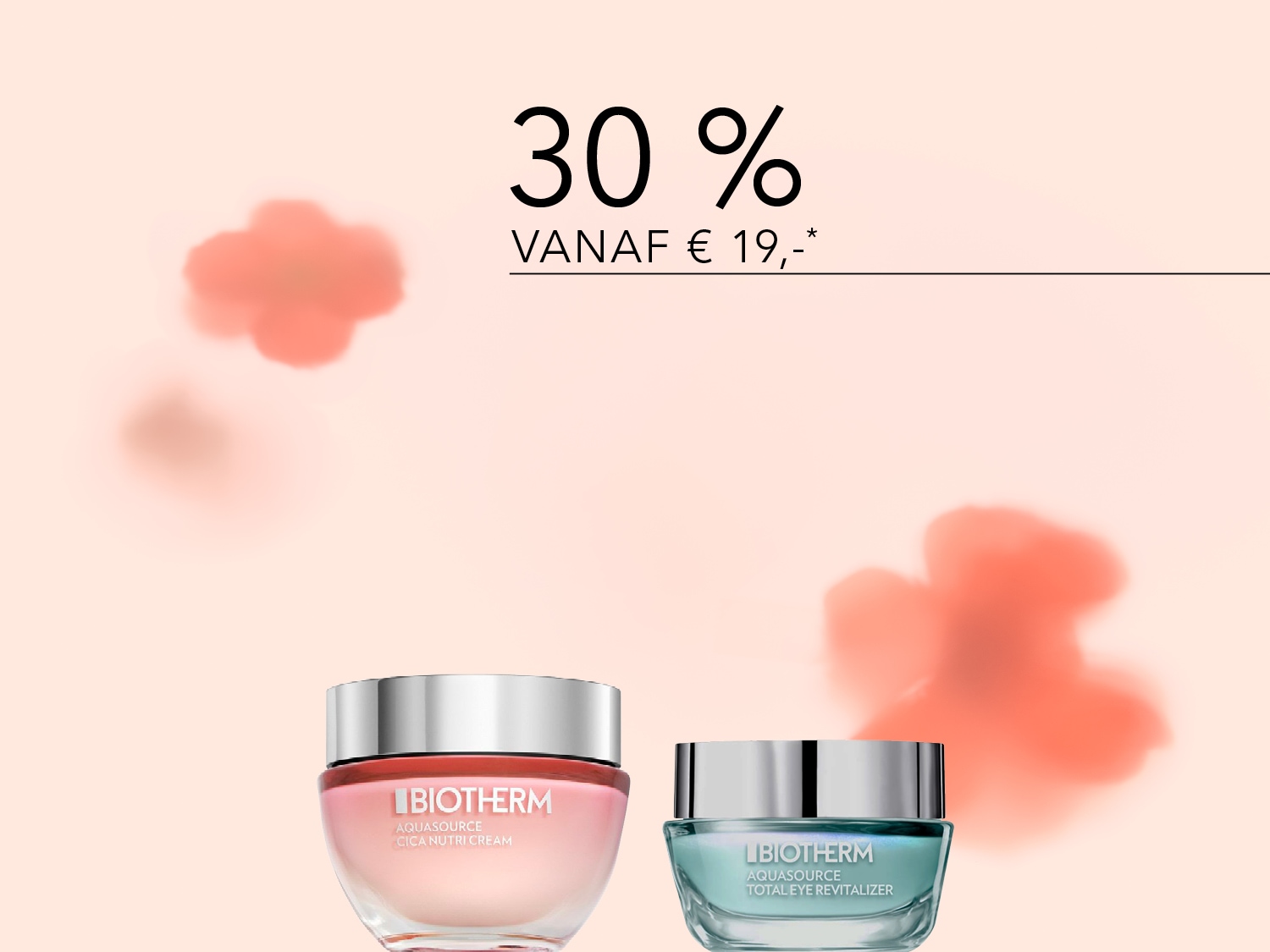 Geniet van 30% korting vanaf € 19,- op Biotherm Aquasource Cica Nutri Cream en Total Eye Revitalizer, gepresenteerd in roze en blauwgroene potjes met zilveren deksels.