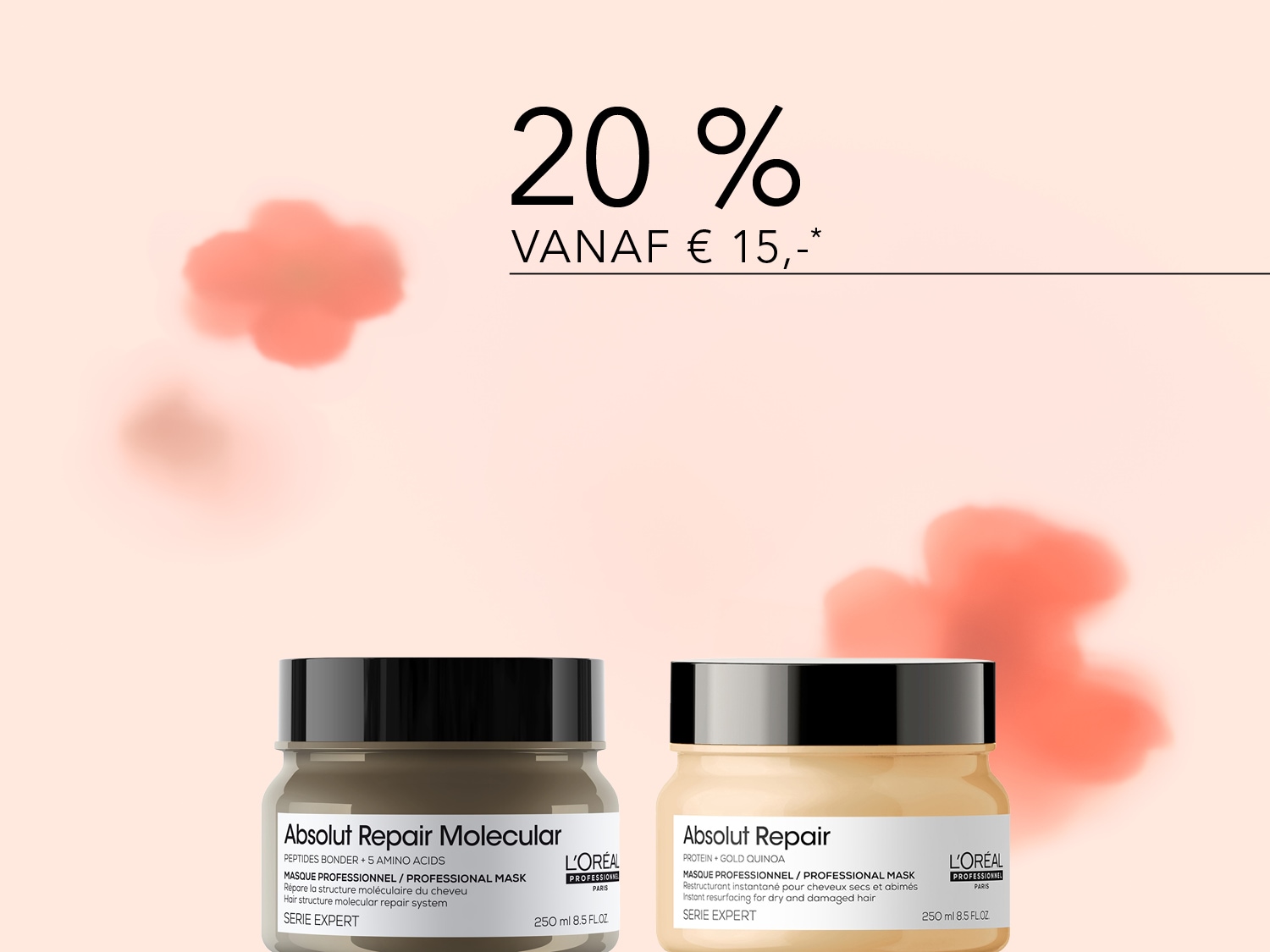 Profiteer van 20% korting vanaf € 15,- op L'Oréal Professionnel Absolut Repair haarmaskers, verkrijgbaar in een grijze en een gele verpakking.