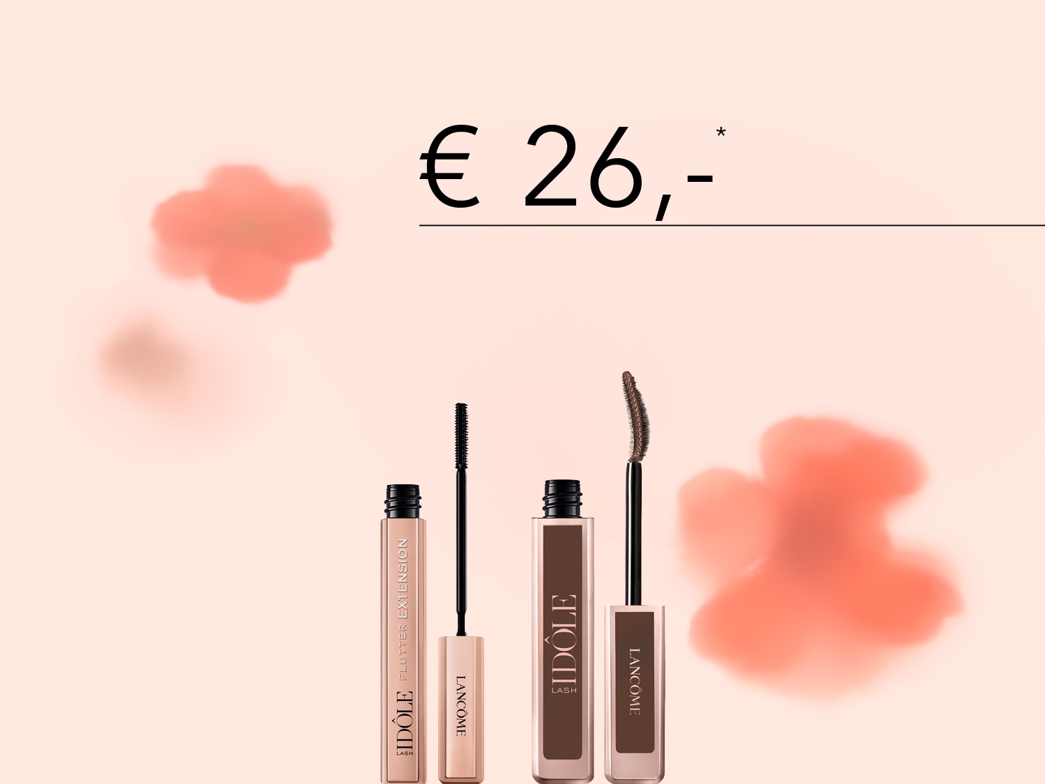 Twee Lancôme Idôle mascara's, één in een beige verpakking en de andere in een bruine verpakking, geprijsd op € 26,-.