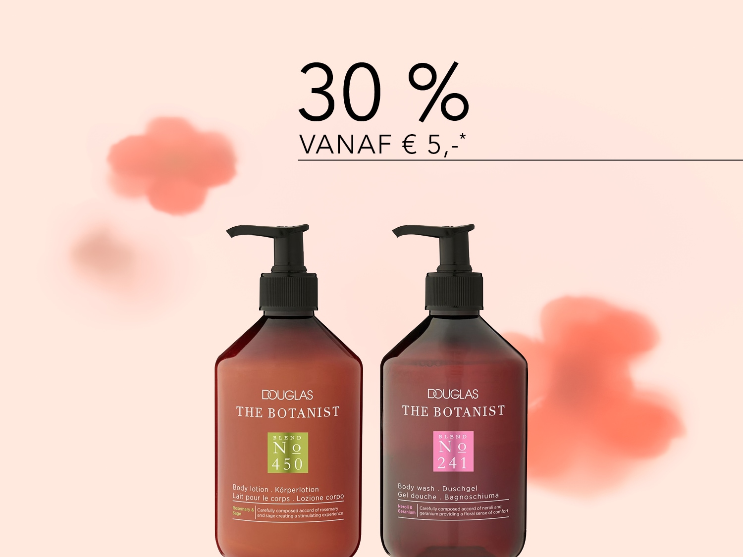 Twee bruine flessen van Douglas The Botanist, een bodylotion No 450 en een body wash No 241, met 30% korting vanaf € 5,-.