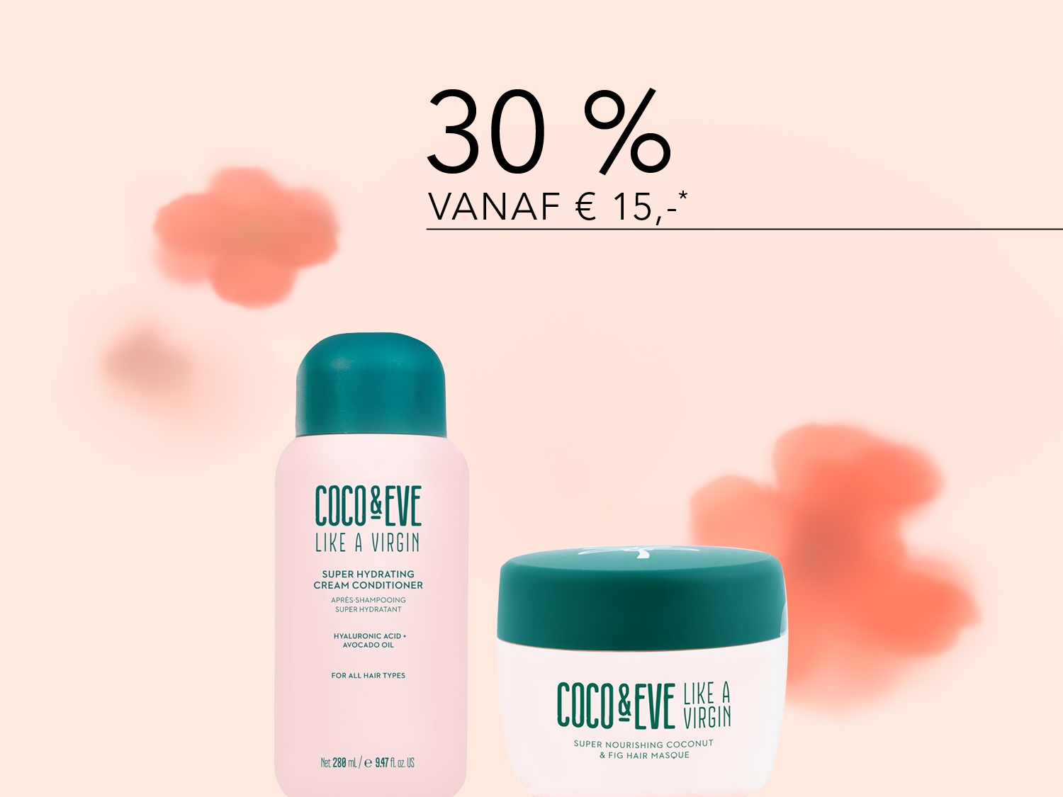 Geniet van 30% korting vanaf € 15,- op Coco & Eve haarverzorgingsproducten, zoals de Super Hydrating Cream Conditioner en het Super Nourishing Coconut & Fig Hair Masque.