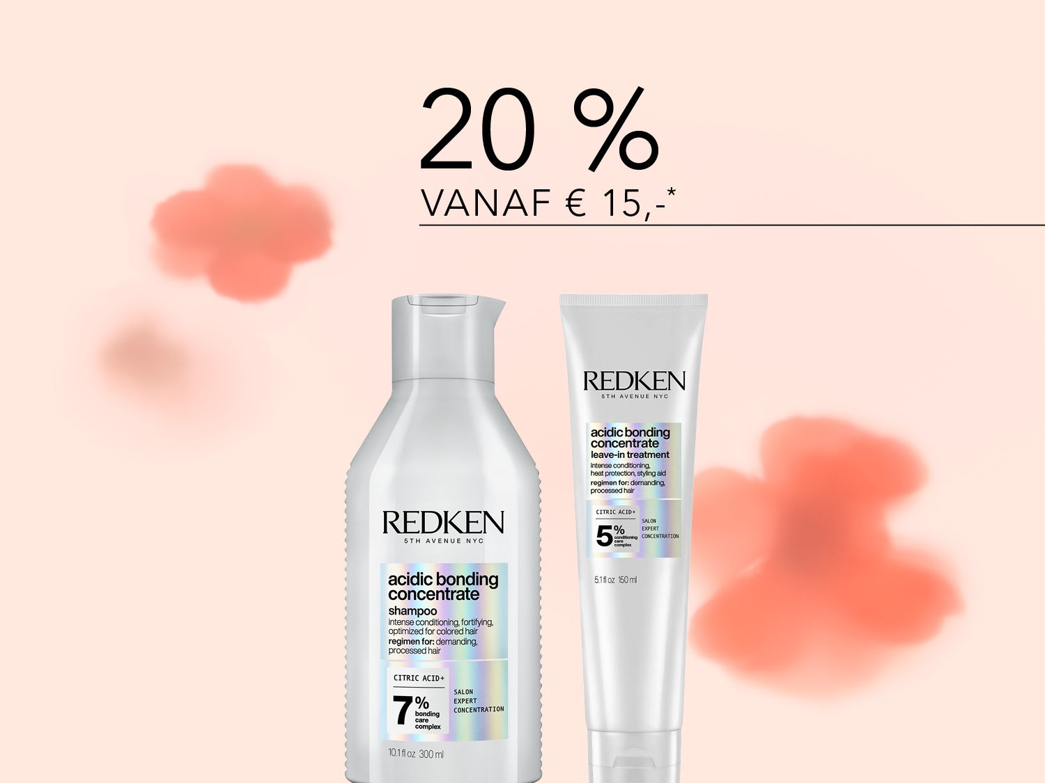 Ontdek Redken's Acidic Bonding Concentrate shampoo en leave-in treatment, nu met 20% korting vanaf €15, voor intensieve verzorging van veeleisend en behandeld haar.