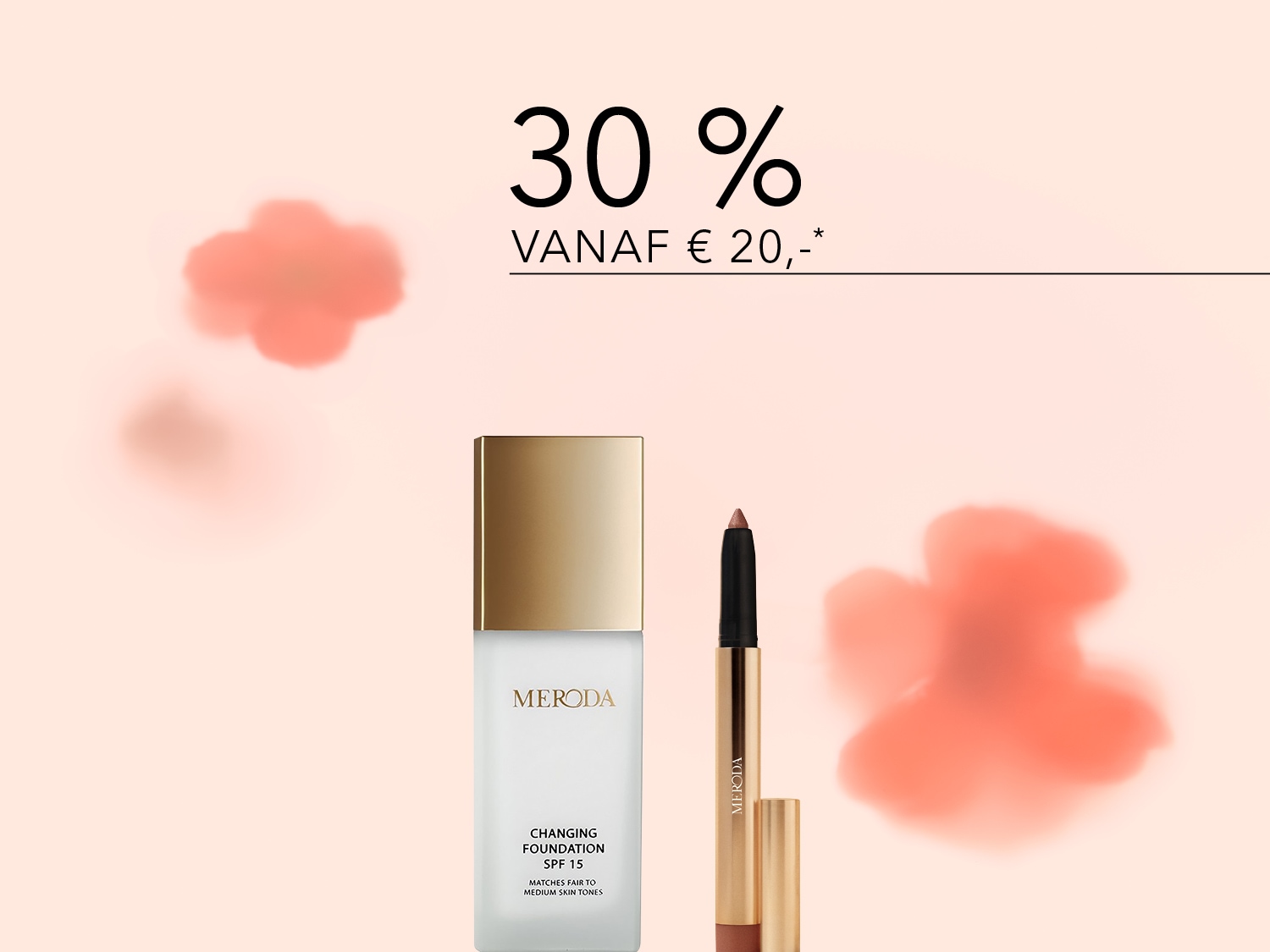 Ontdek Meroda Changing Foundation SPF 15, geschikt voor lichte tot medium huidtinten, samen met een Meroda lippotlood, nu met 30% korting vanaf € 20.