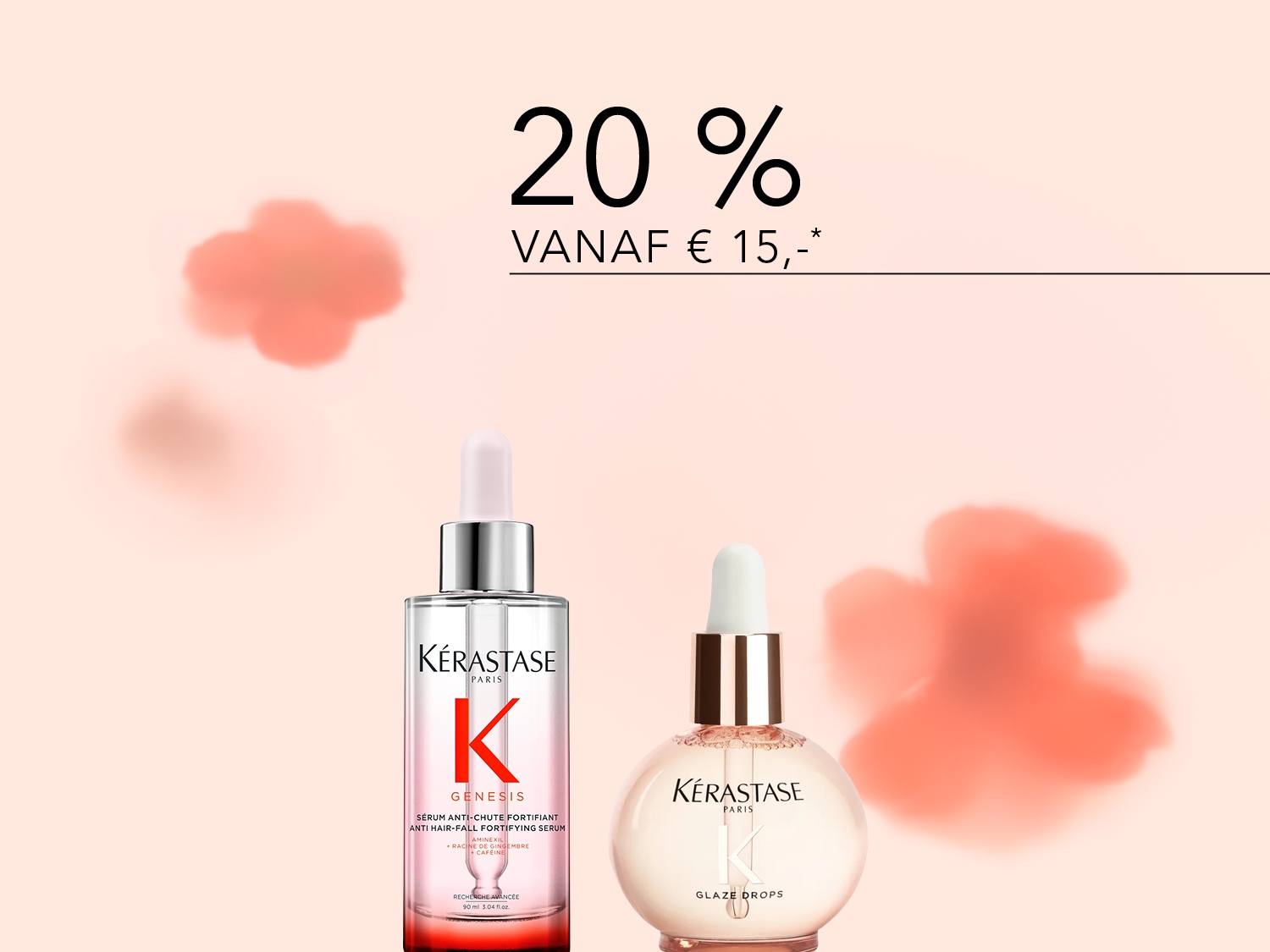 Profiteer van 20% korting vanaf € 15 op Kérastase haarverzorgingsproducten, waaronder de Genesis serum en Glaze Drops, voor sterker en glanzender haar.