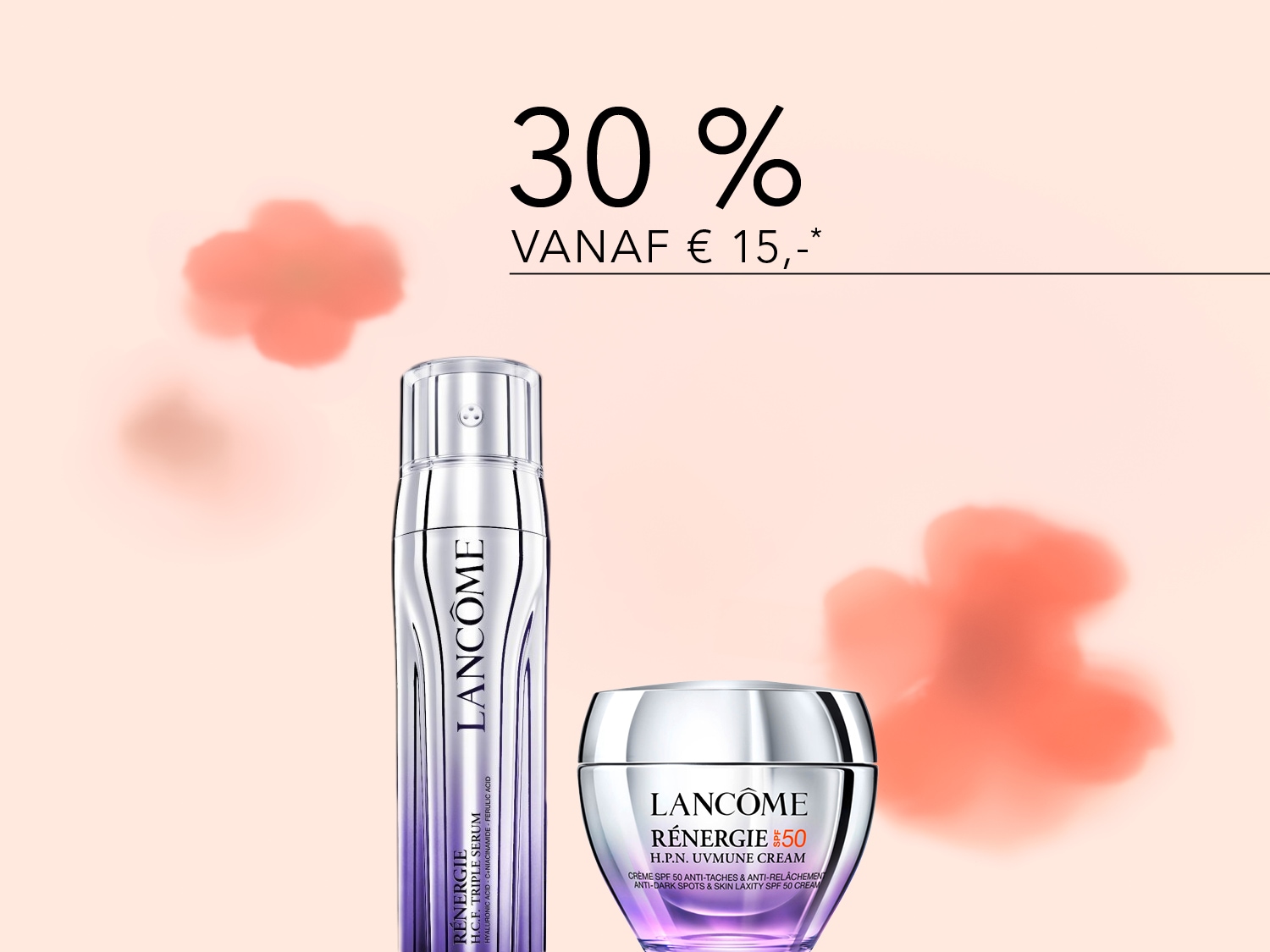 Geniet van 30% korting vanaf €15 op Lancôme Rénergie H.P.N. UVMUNE crème en H.C.F. Triple Serum, verpakt in zilveren flessen met paarse accenten.