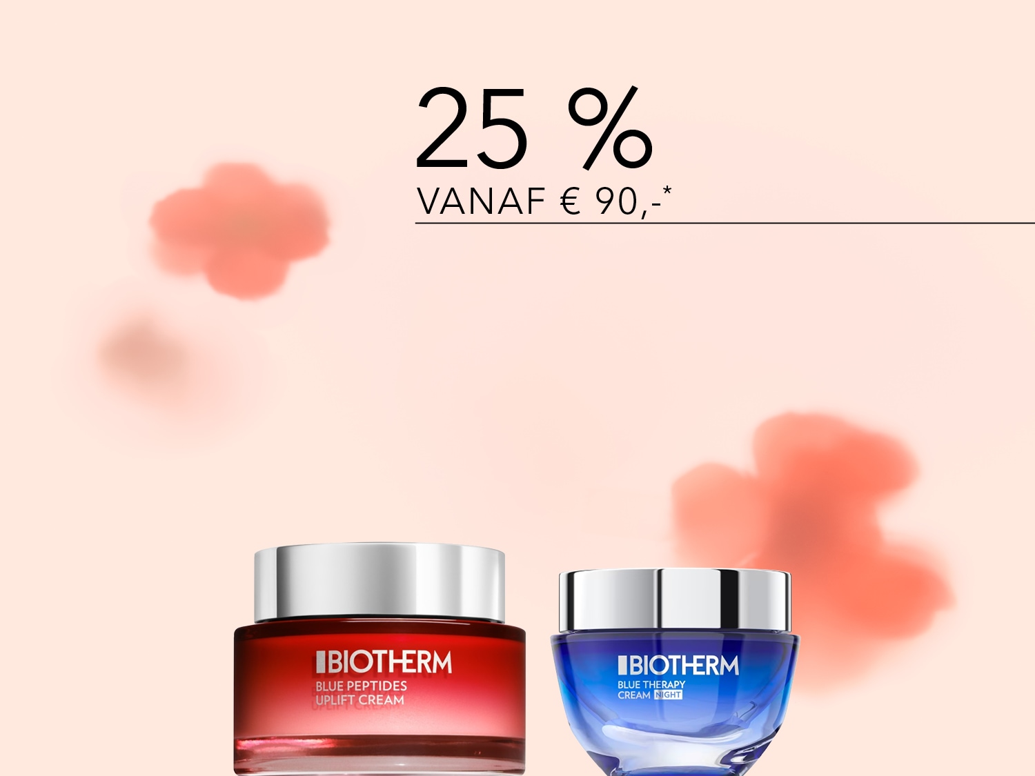 Profiteer van 25% korting vanaf € 90,- op Biotherm's Blue Peptides Uplift Cream in een rode verpakking en Blue Therapy Cream Night in een blauwe verpakking.