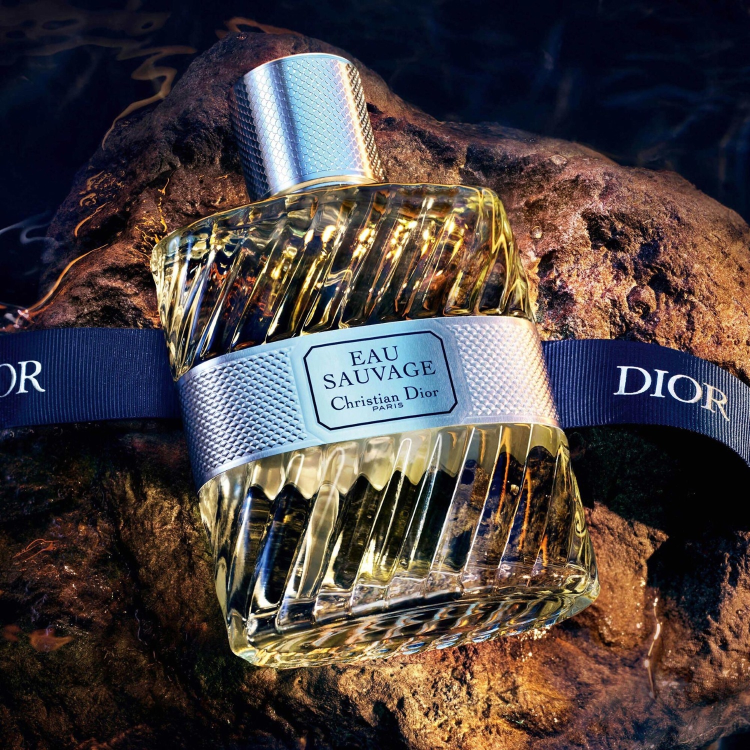 Le parfum Eau Sauvage de Christian Dior, avec son flacon texturé et son ruban bleu portant le nom de la marque, évoque un luxe raffiné et une fraîcheur intemporelle.