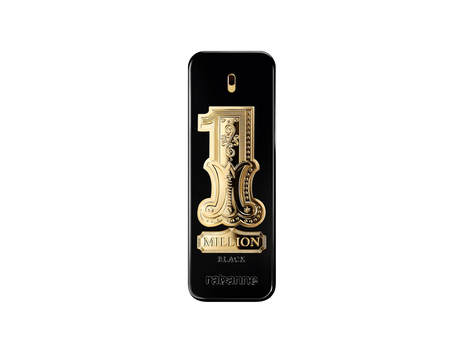 Paco Rabanne 1 Million Black to elegancki, czarny flakon perfum z wytłoczonym złotym napisem "1 MILLION" i logo "rabanne" na dole, idealny dla mężczyzn.