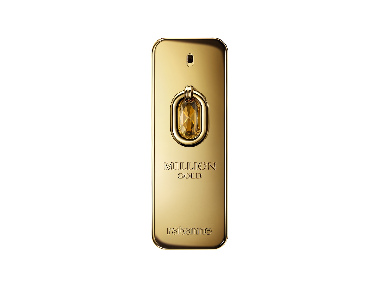 Buteleczka perfum 1 Million Gold od Rabanne ma kształt złotej sztabki z brązowym kamieniem na środku.