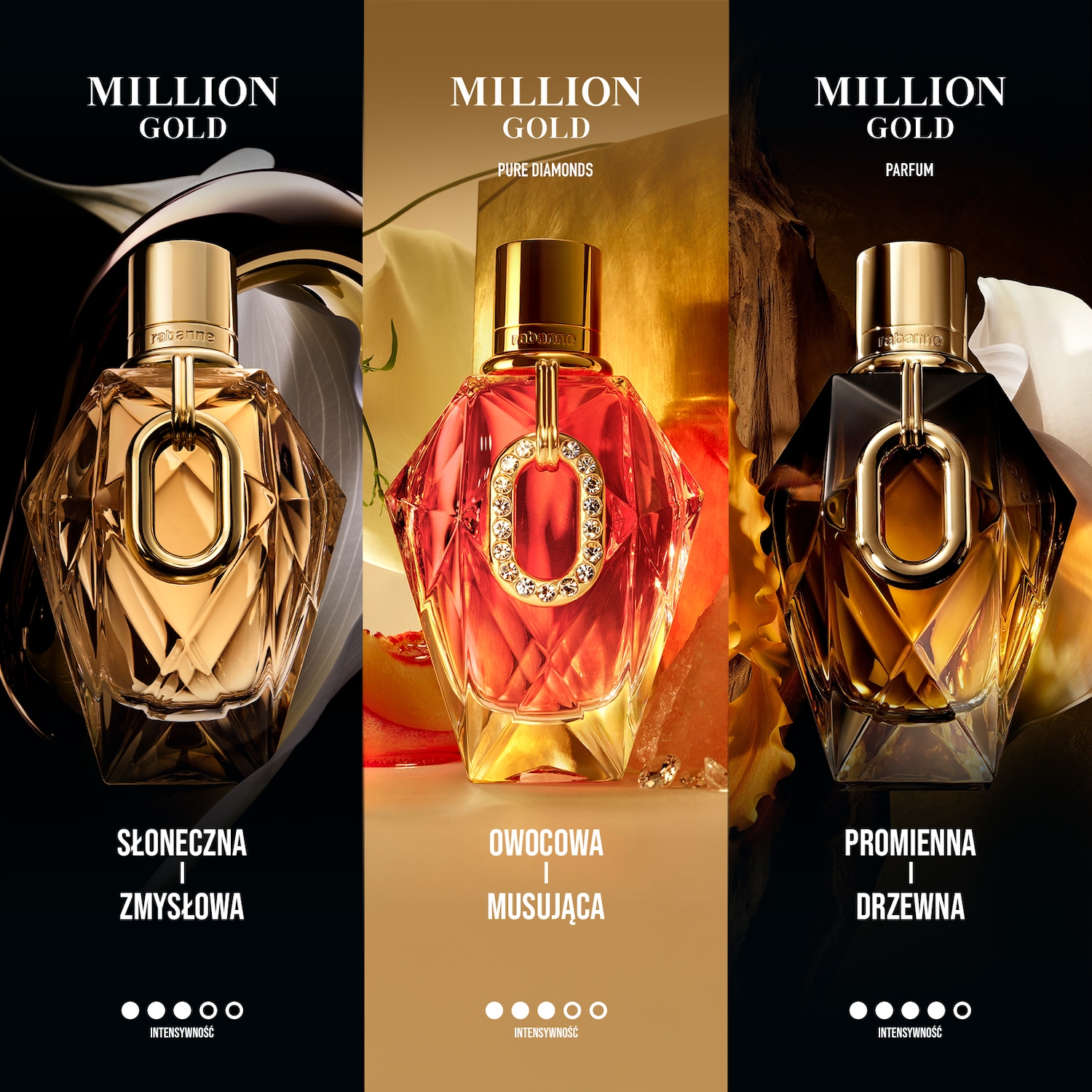 Three 'Million Gold' perfumes by Rabanne are displayed, each in a uniquely colored bottle: gold, red with diamonds, and dark brown, set against backgrounds that highlight their intensity.