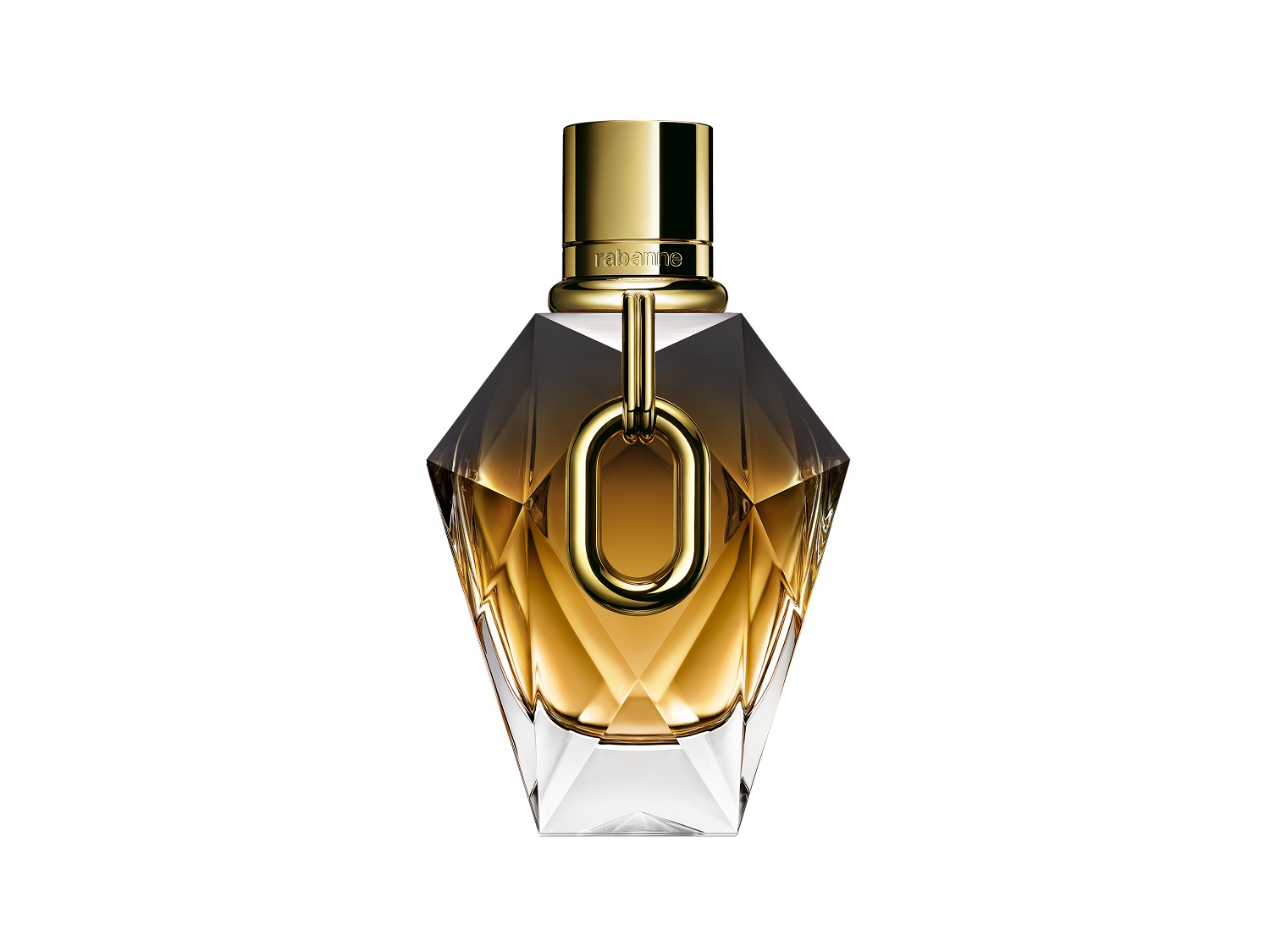 Butelka perfum Rabanne Fame w kształcie diamentu, z gradientem od przezroczystego do złotego, zwieńczona złotym korkiem i zawieszką.