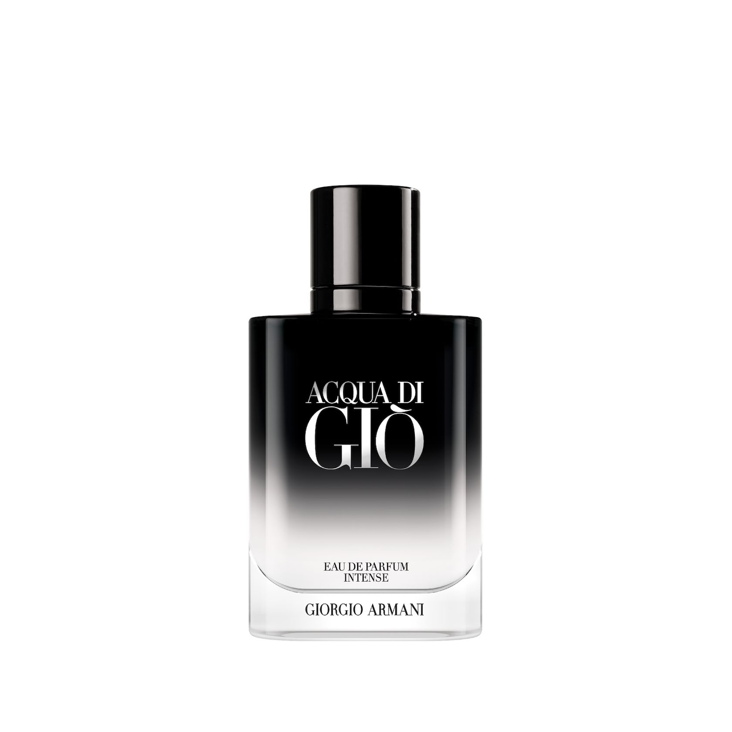 Flakón Giorgio Armani Acqua Di Giò Eau de Parfum Intense s čiernym vrchnákom prechádza do priehľadnej základne, čo vytvára elegantný kontrast.