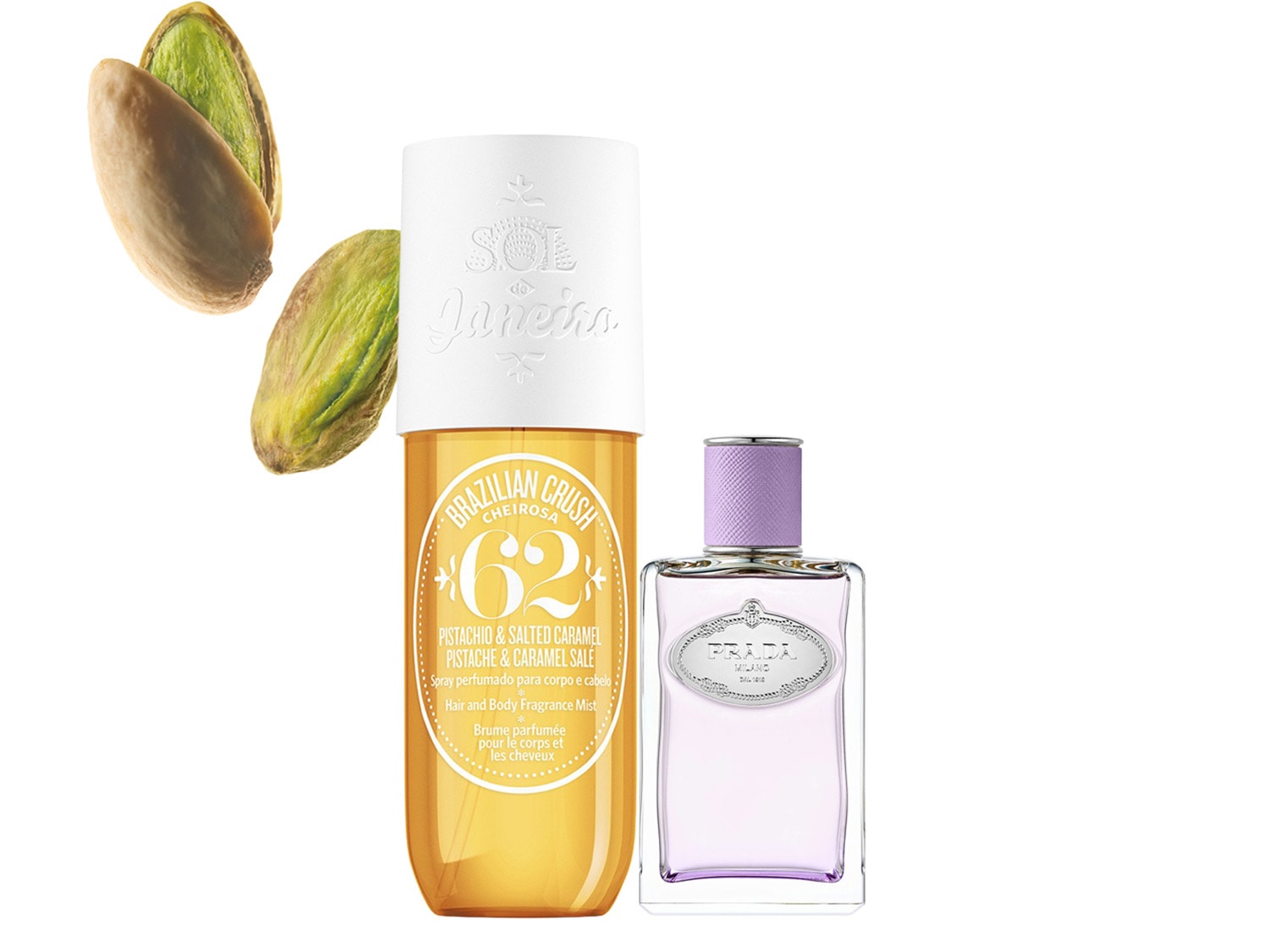 Deux parfums sont présentés côte à côte ; l'un est de couleur dorée avec l'inscription Brazilian Crush, l'autre est transparent avec un bouchon lilas et l'inscription Prada Milano.