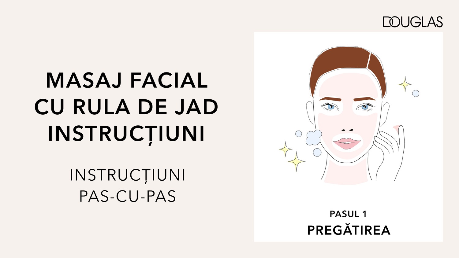 Ilustrație cu instrucțiuni pas cu pas pentru masajul facial cu rula de jad, sub marca Douglas, cu accent pe pregătirea tenului.