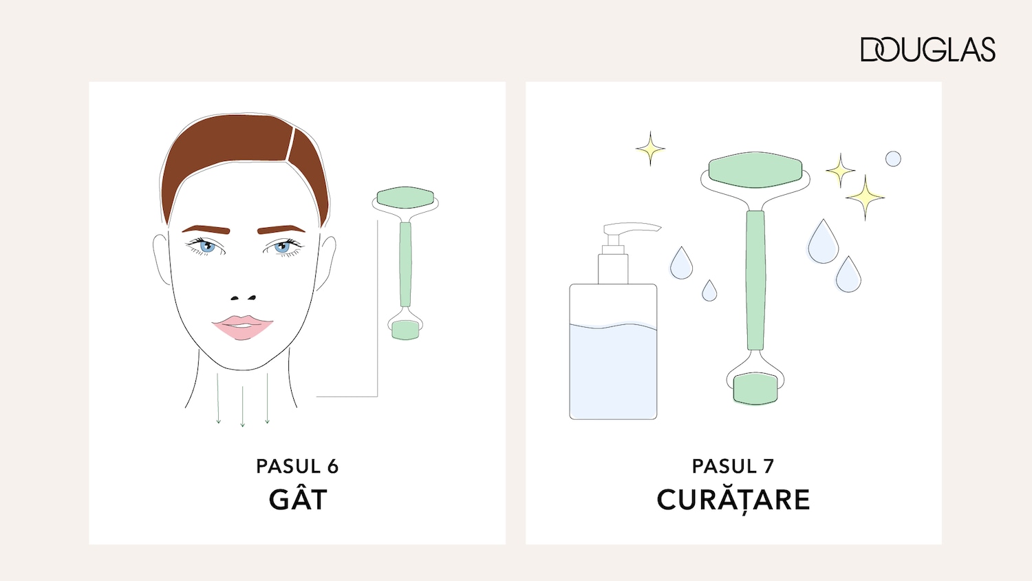 Ilustrație cu o femeie și un roller facial verde, indicând Pasul 6: Gât, parte a unei rutine de îngrijire a pielii.